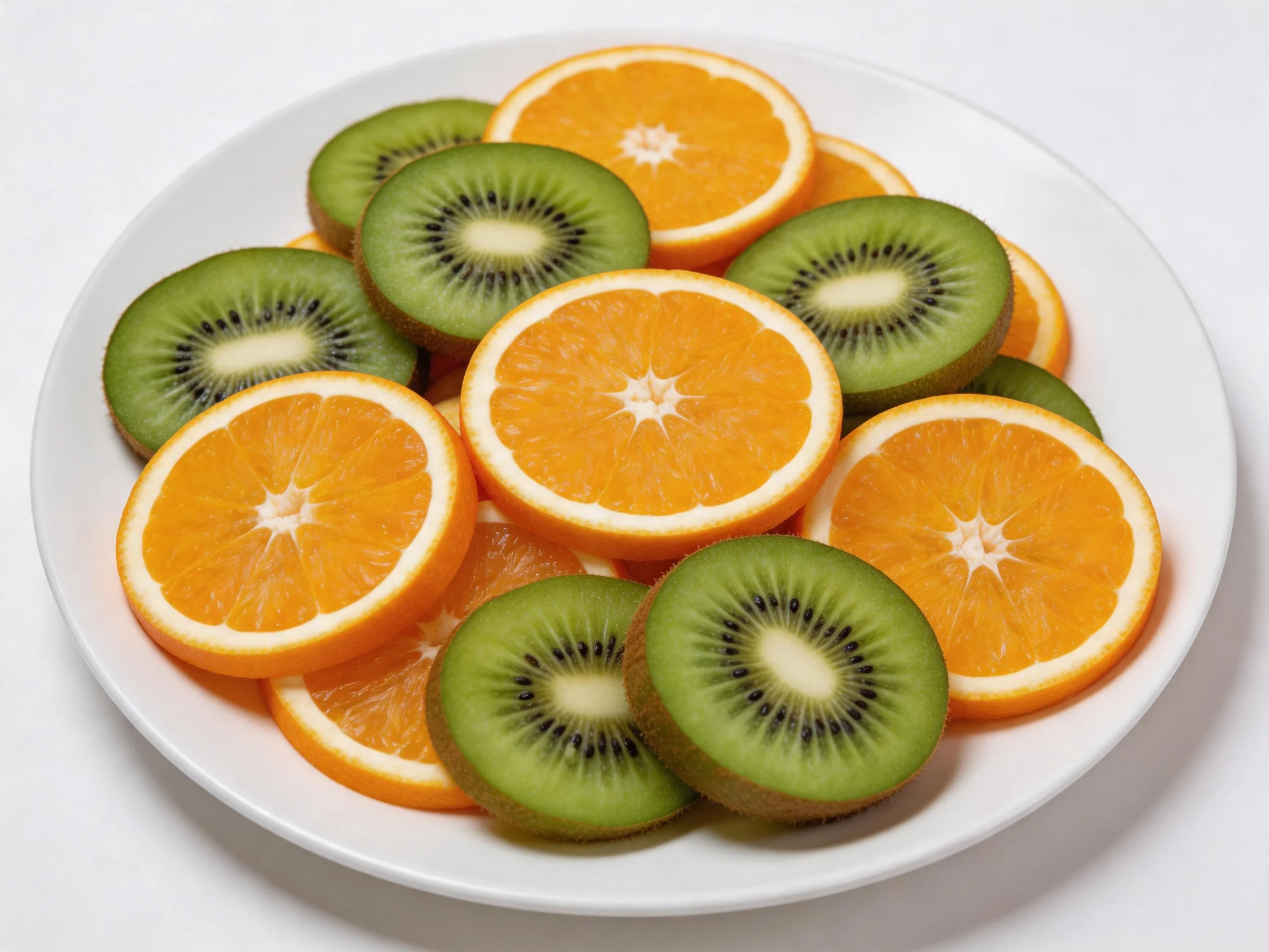 Freshly sliced oranges and green kiwis arranged on a white plate