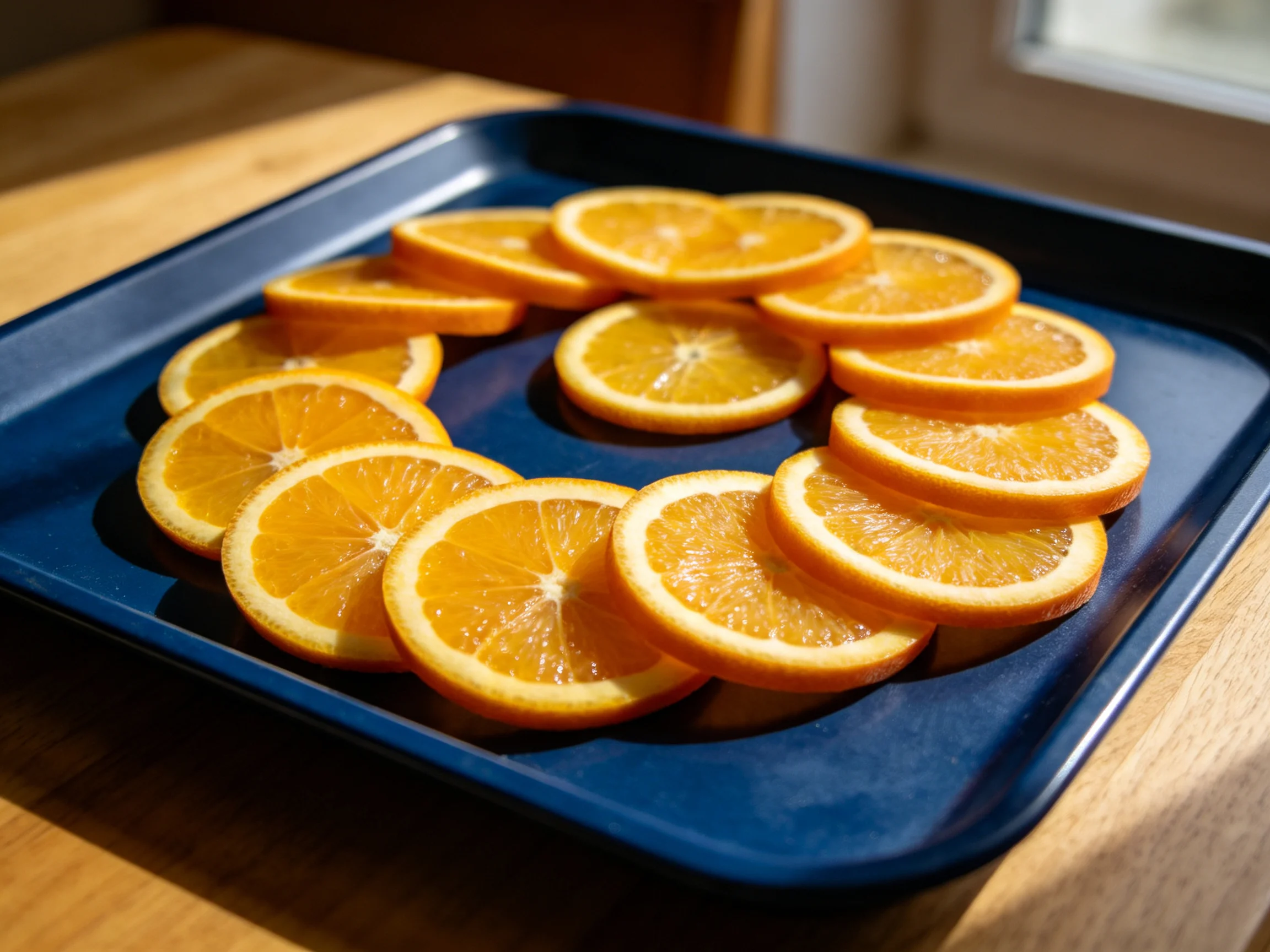 Freshly sliced oranges arranged on a deep blue rectangular tray