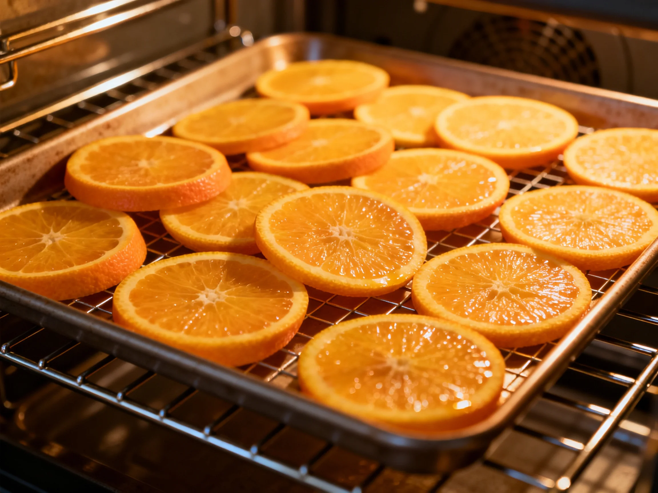 Freshly sliced oranges drying in an oven tray
