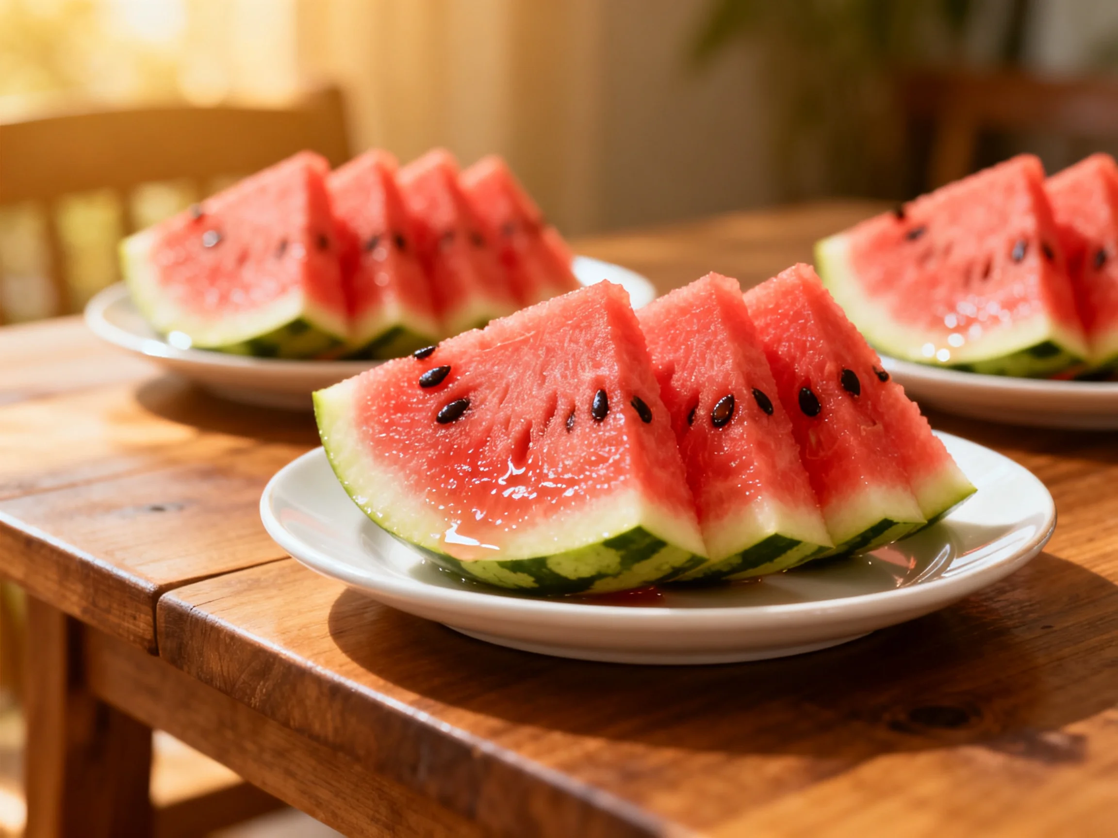 White plates hold fresh red watermelon wedges on a wooden table.