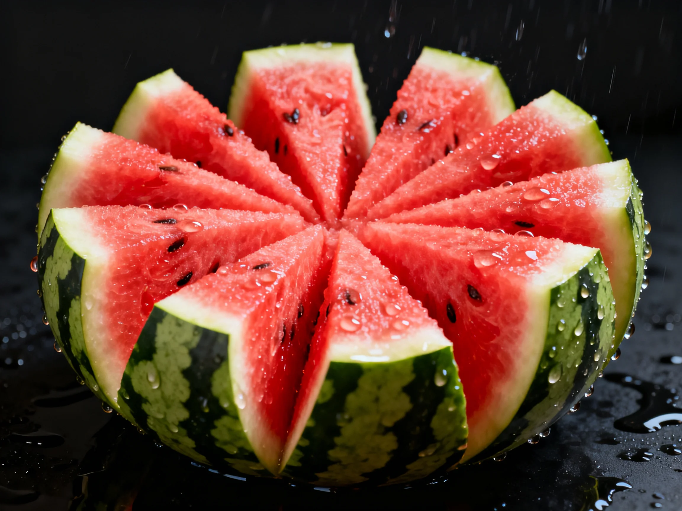 Freshly sliced watermelon arranged in circular pattern with dew drops