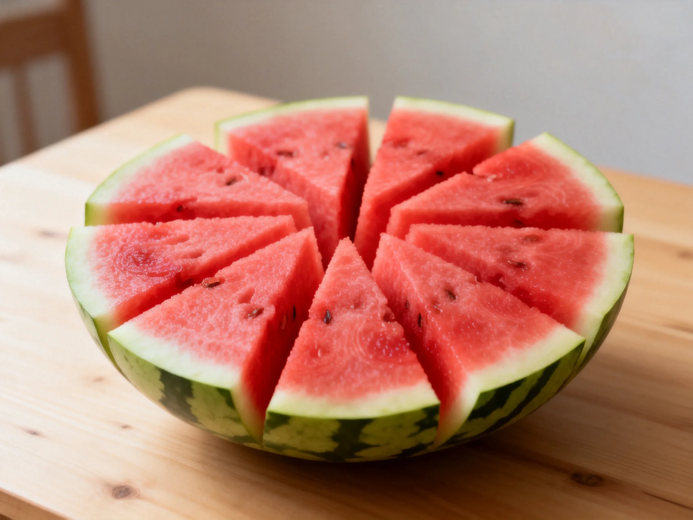 Freshly sliced watermelon arranged in triangular portions on a wooden surface