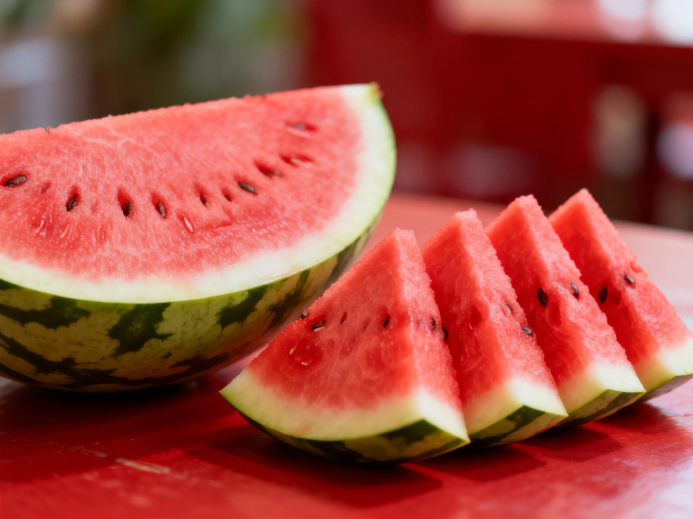 Freshly sliced watermelon wedges and half on a red surface