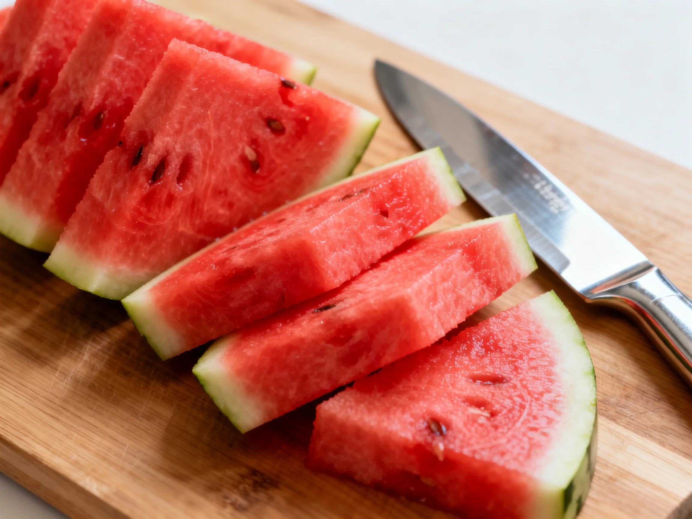 Fresh watermelon wedges are displayed on a wooden cutting board alongside a knife