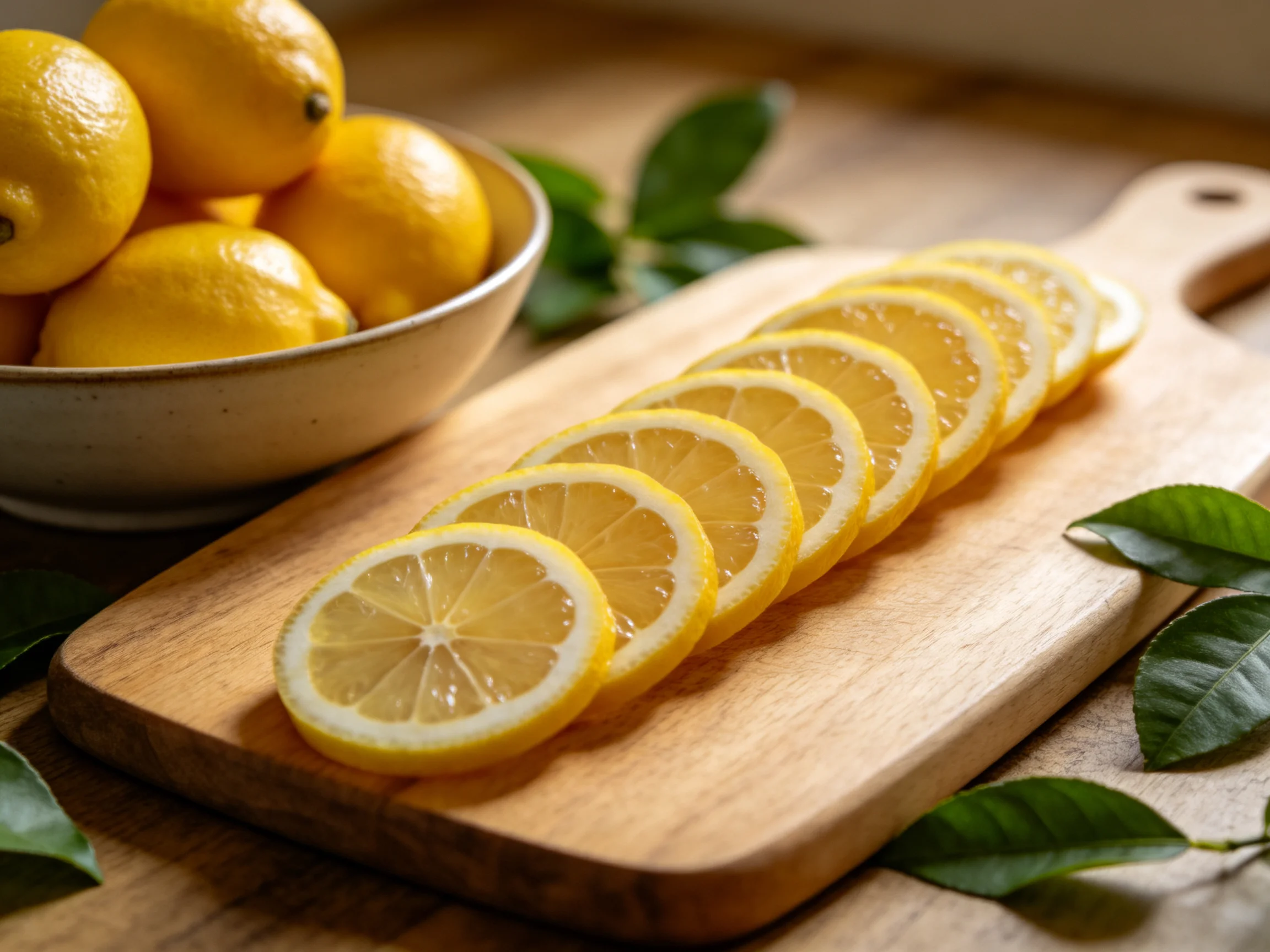 Freshly sliced yellow lemon slices on a wooden cutting board beside a bowl of whole lemons