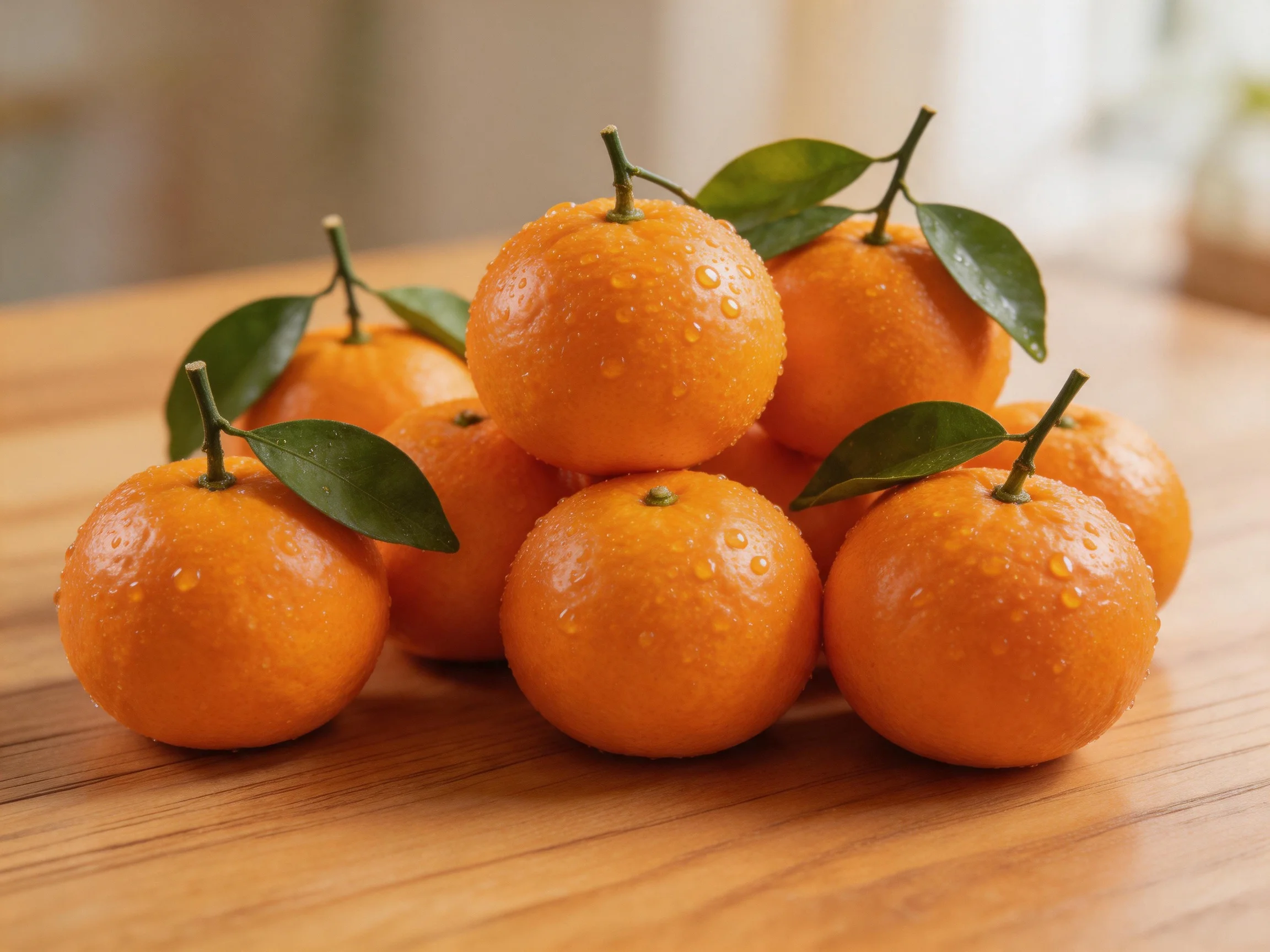 Freshly washed oranges stacked in a pyramid on a wooden table