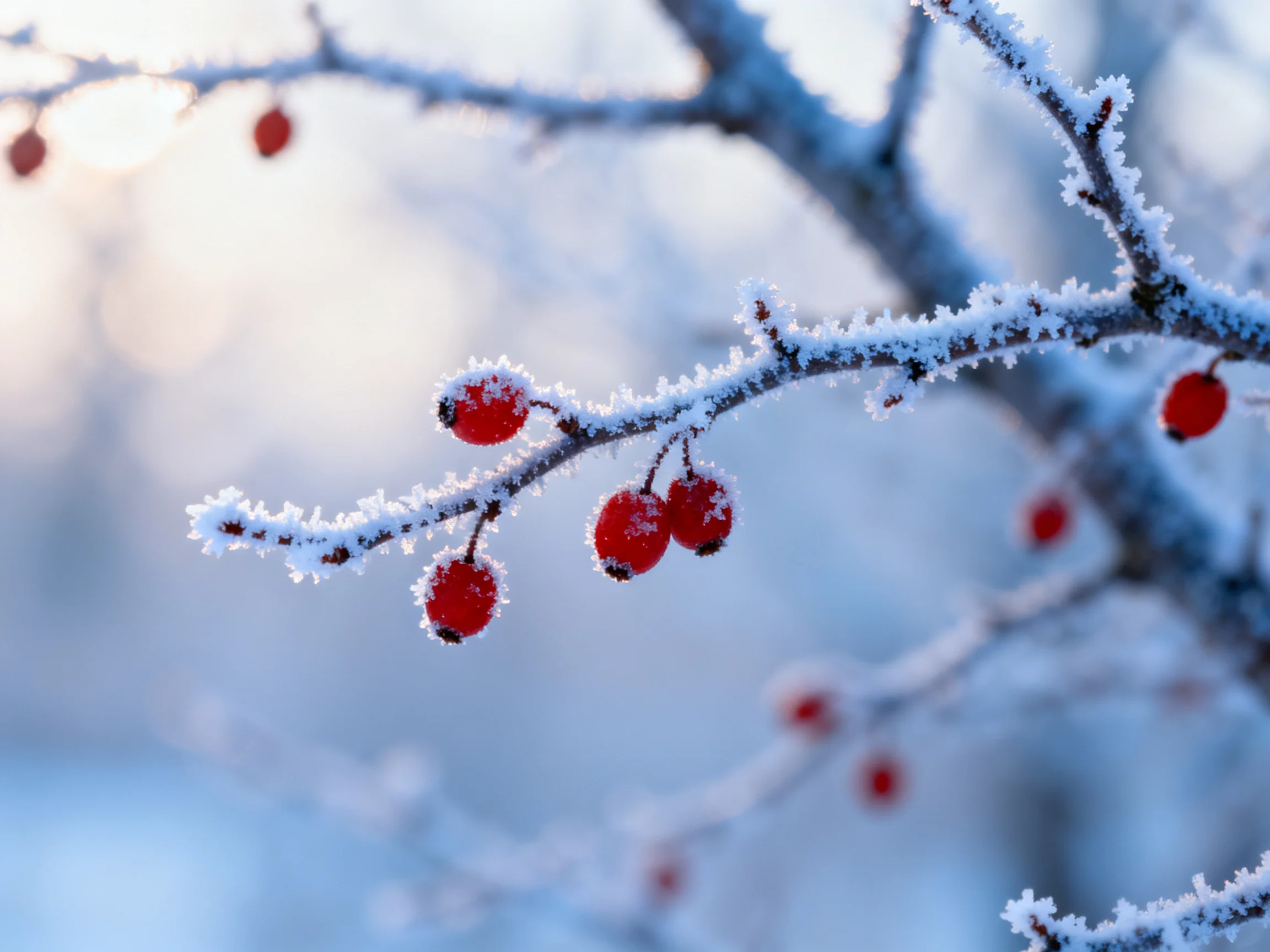 Frost-Covered Branches with Bright Red Berries in Winter Light