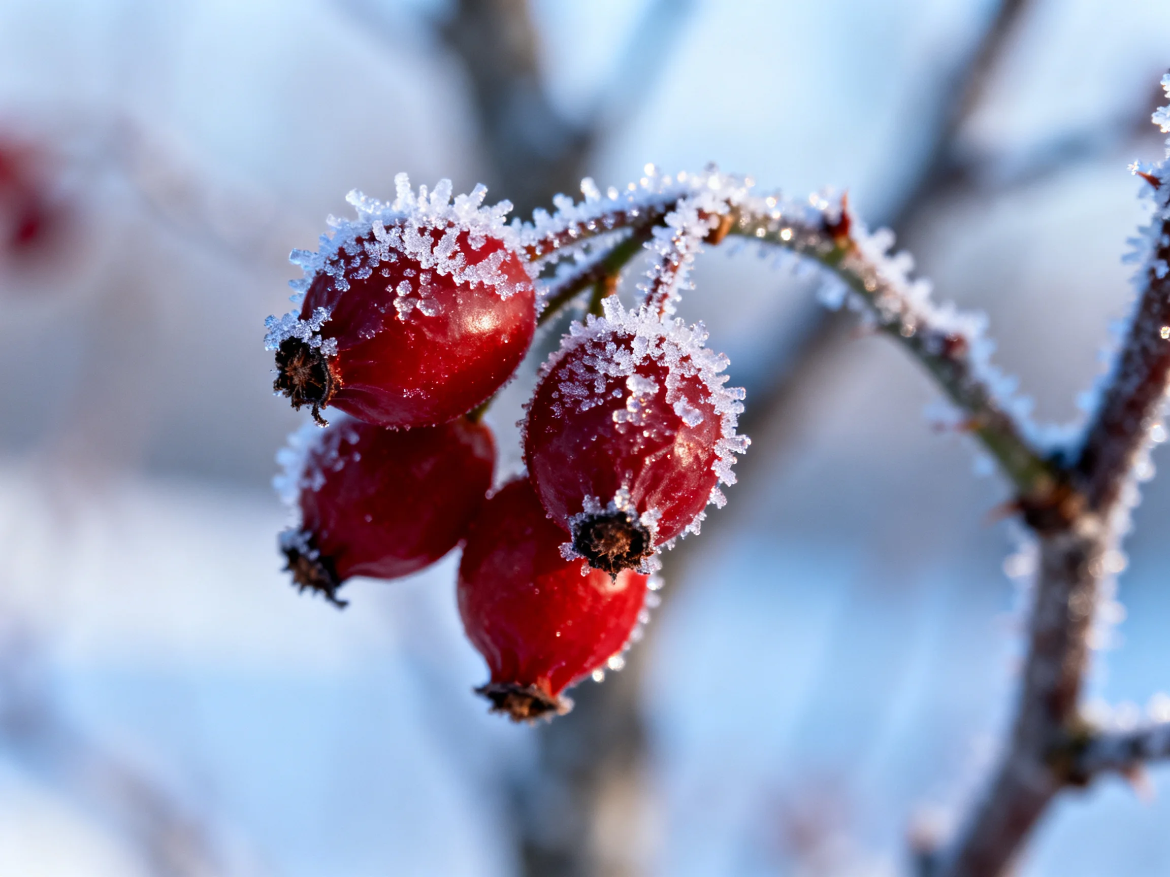 Frost-Covered Red Berries Cluster on a Curved Branch