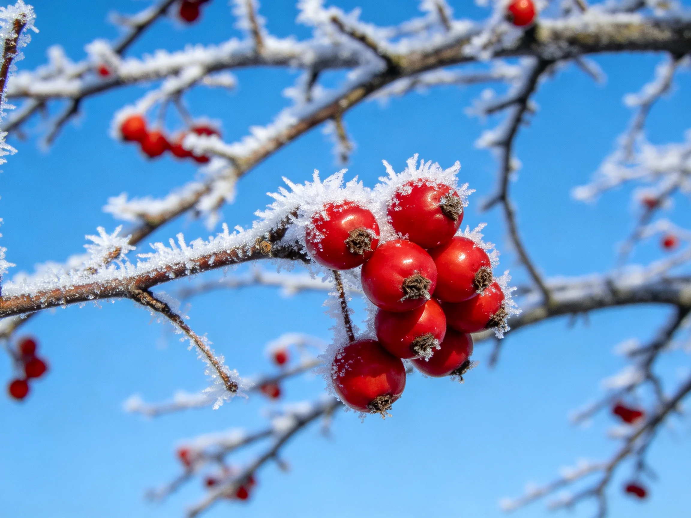 Frost-Covered Red Berry Clusters on Tree Branches Against Bright Blue Sky