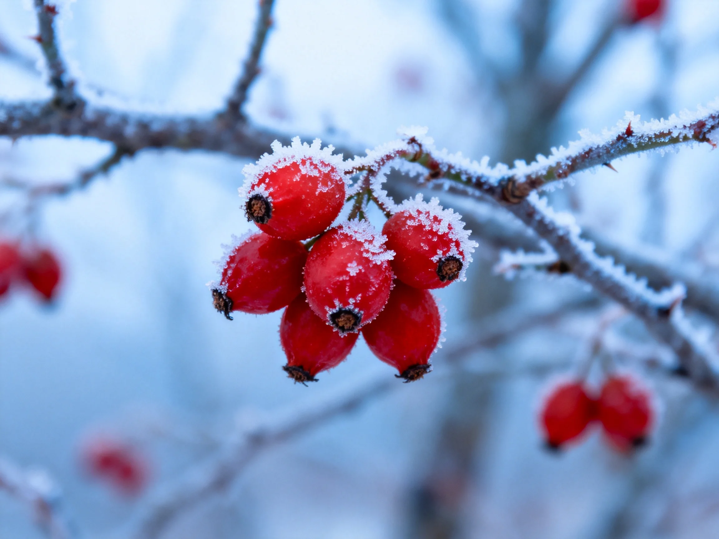 Frosted Red Berry Clusters on Frost-Covered Branches