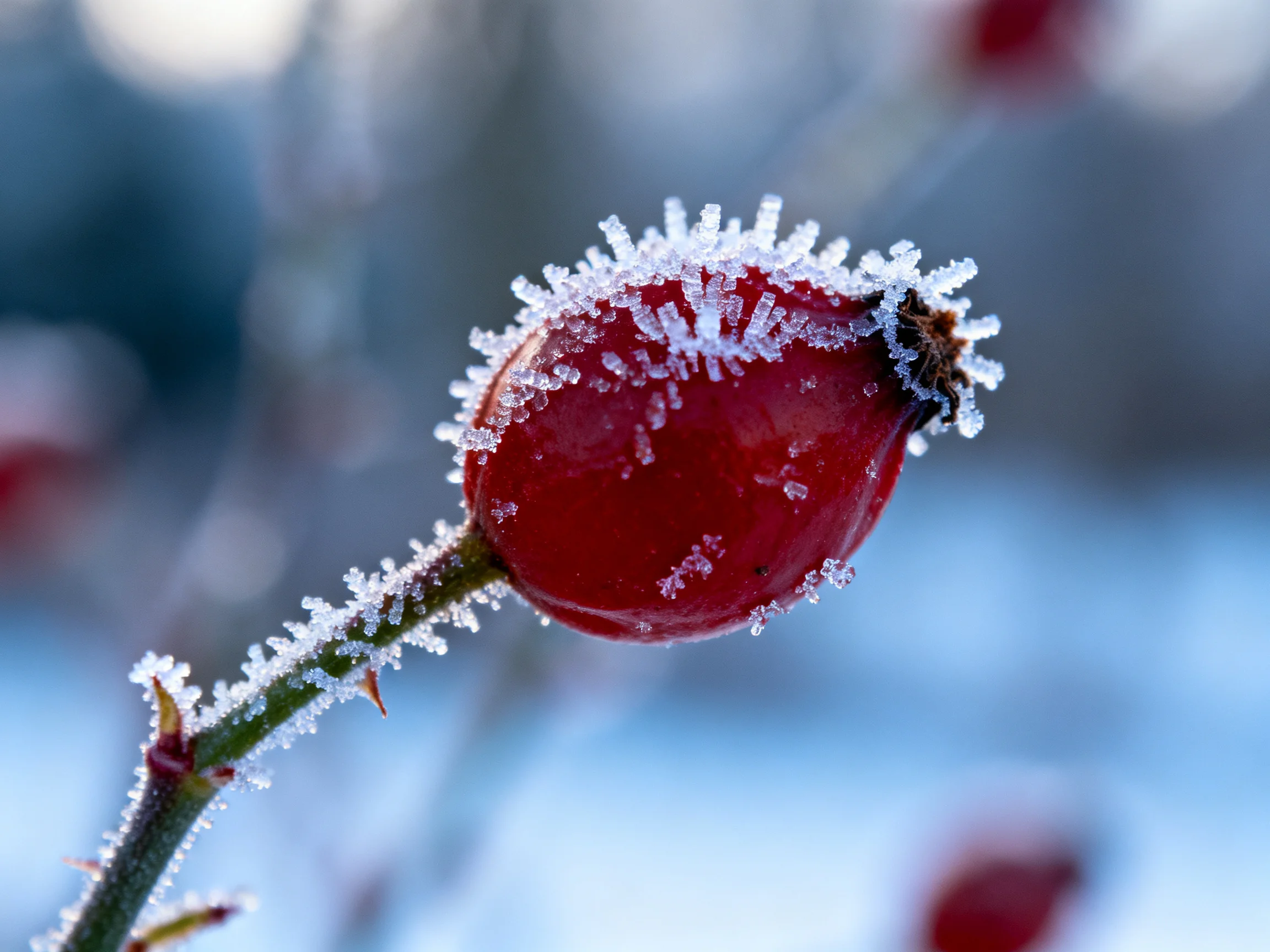 Frosted Red Rose Hip with Thorny Stem in Winter Scene