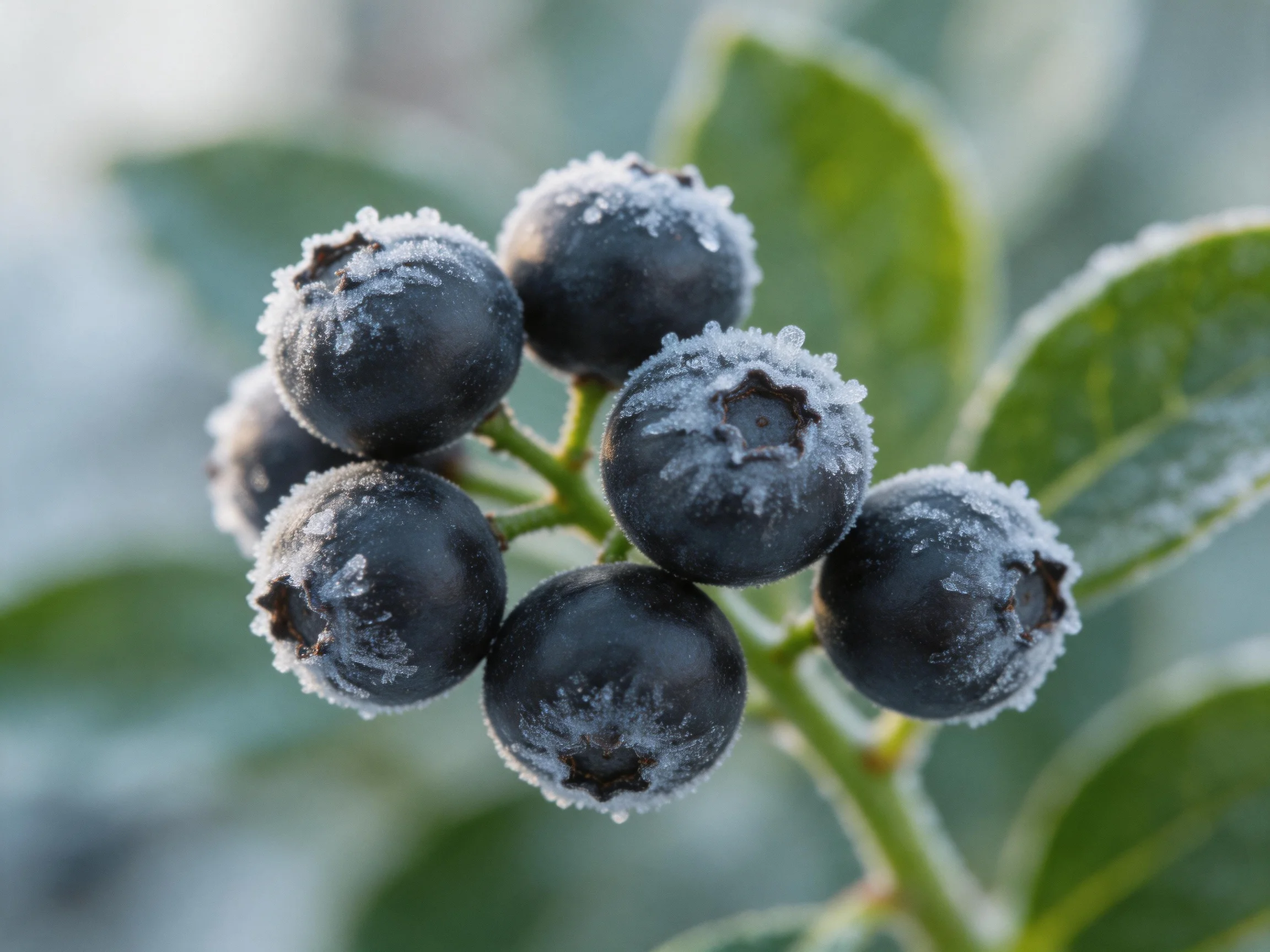 Frosted cluster of dark berries with green foliage