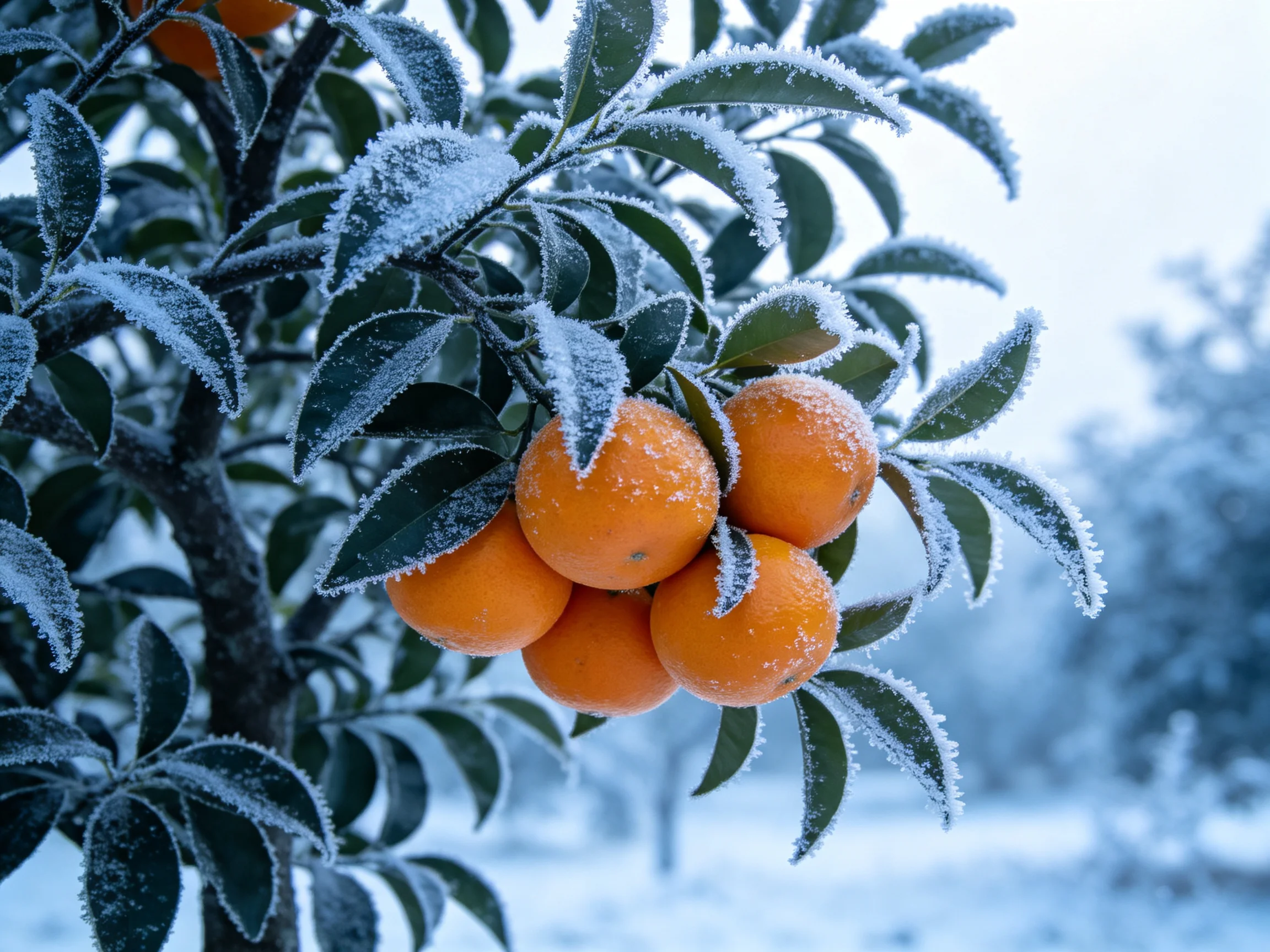 Frosted orange fruits cluster on a snow-dusted tree branch
