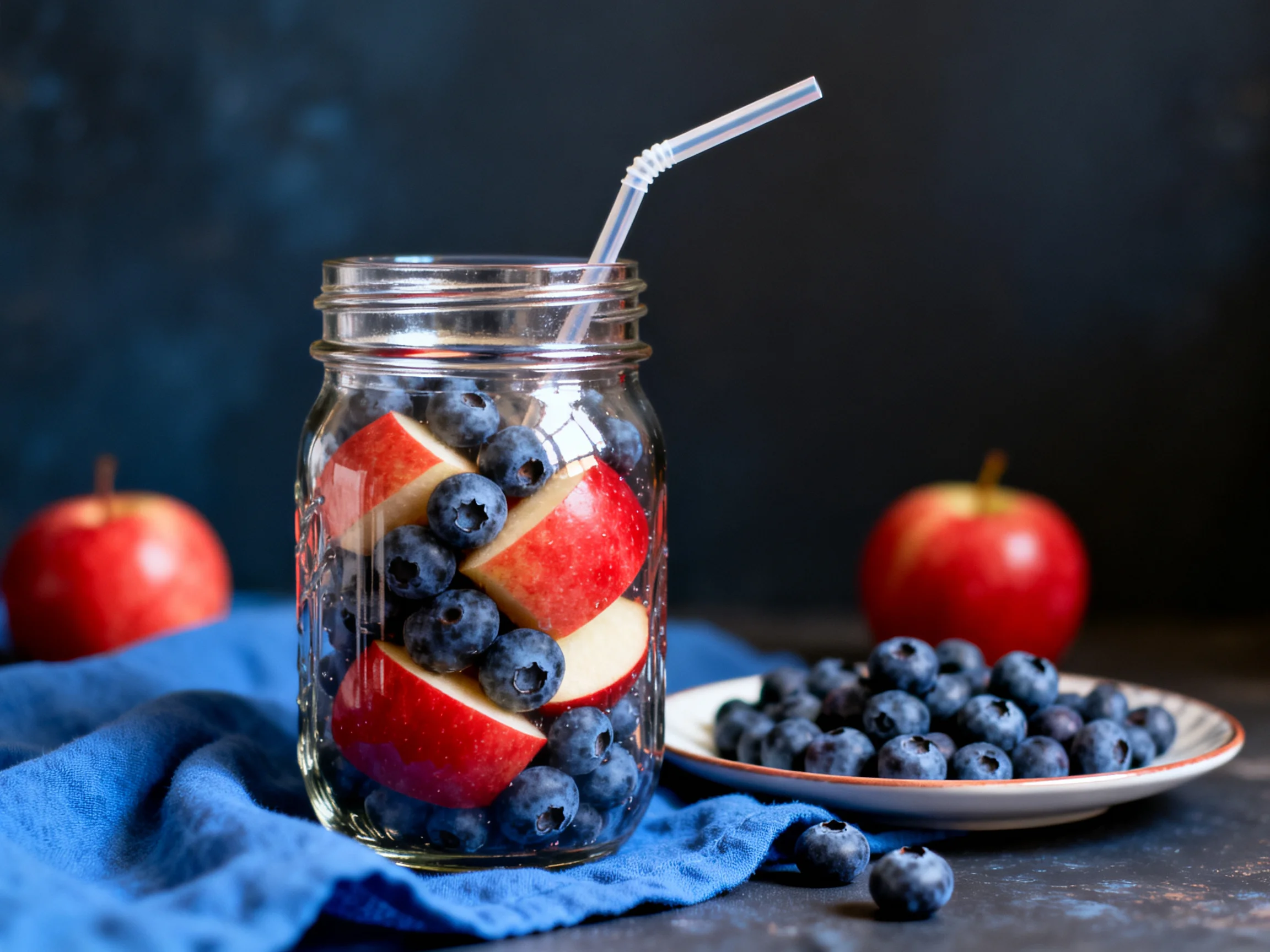 Glass jar with apple slices, blueberries, and a straw