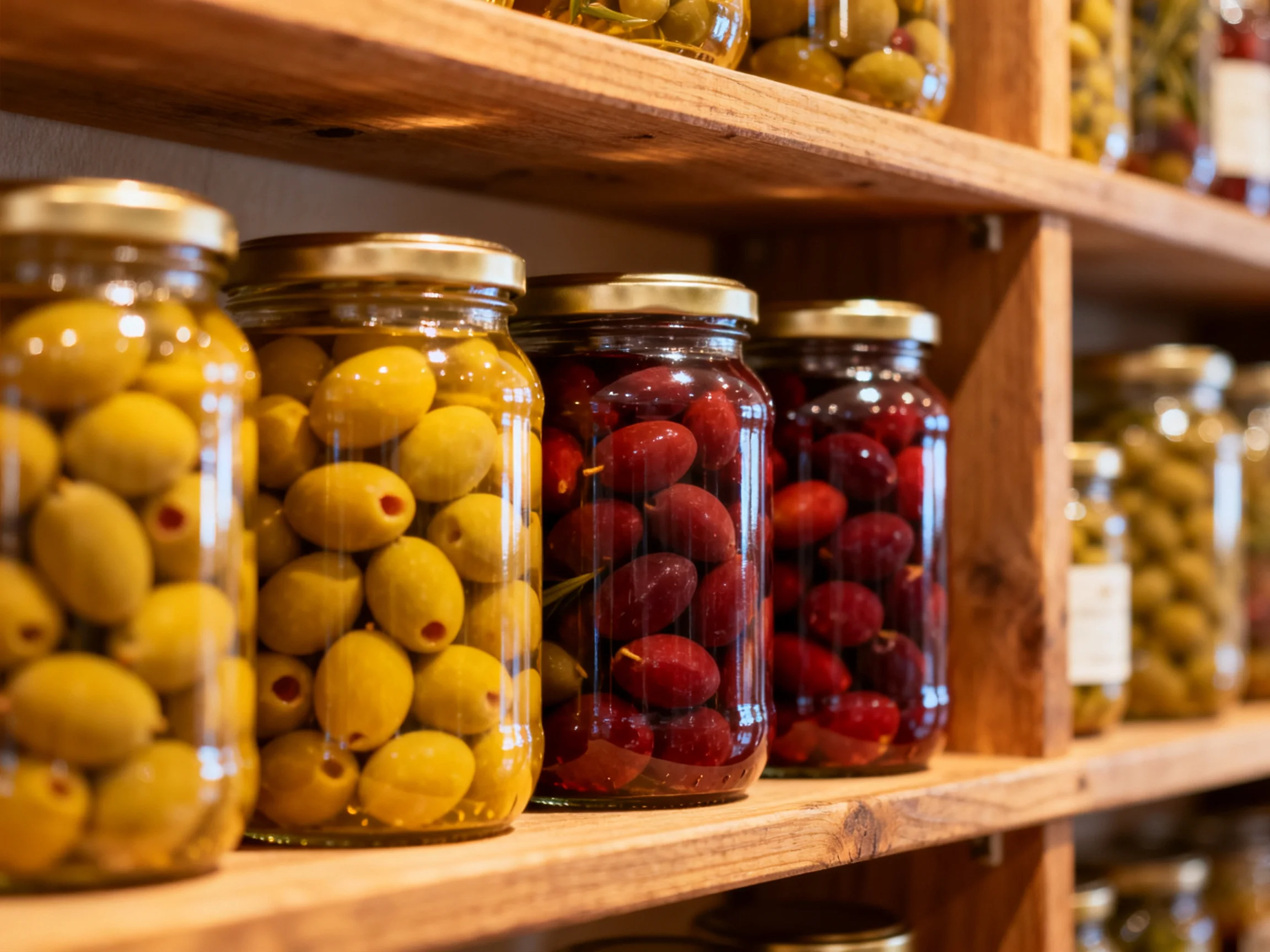 Glass jars of yellow and red olives on wooden shelving