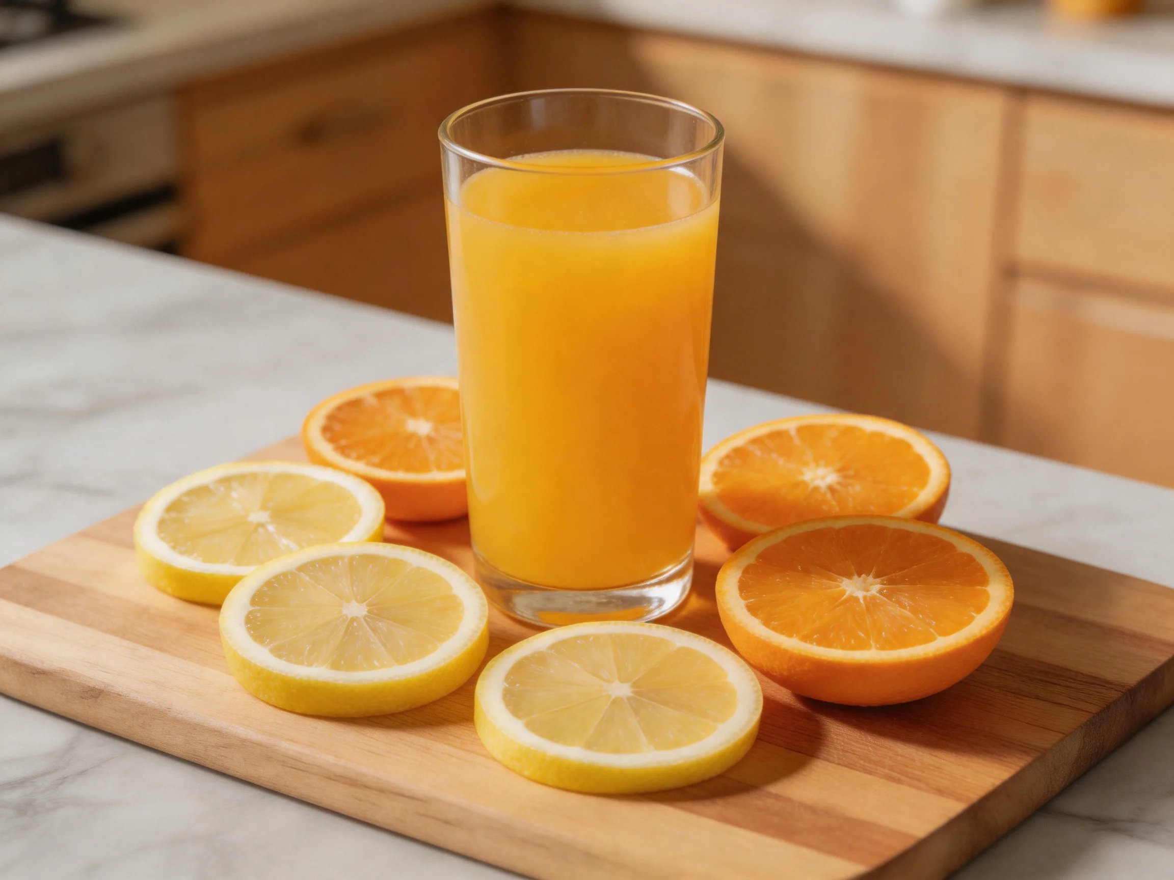 Glass of orange juice with lemon and orange slices