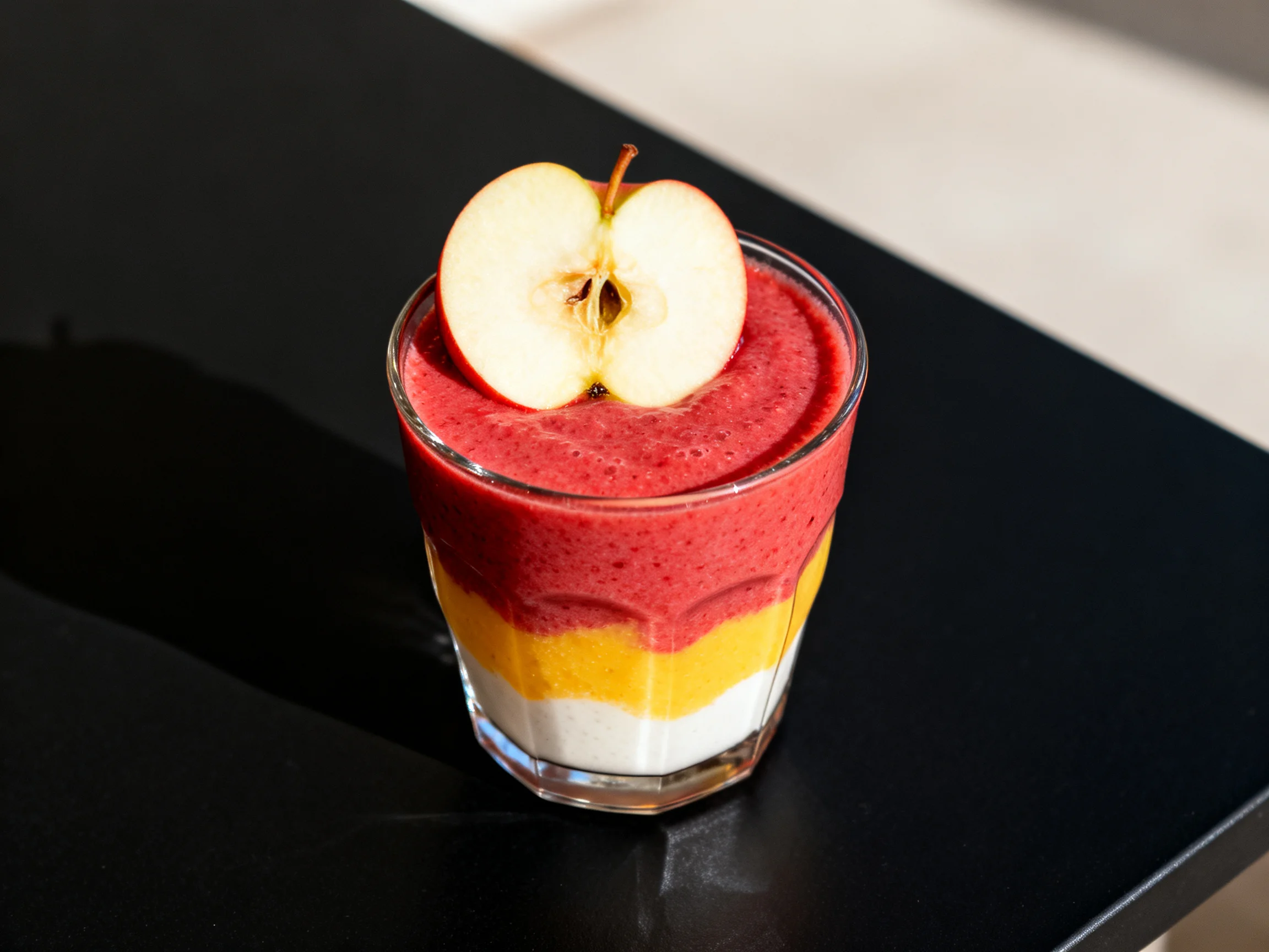 Glass of three-layered fruit smoothies with apple slice