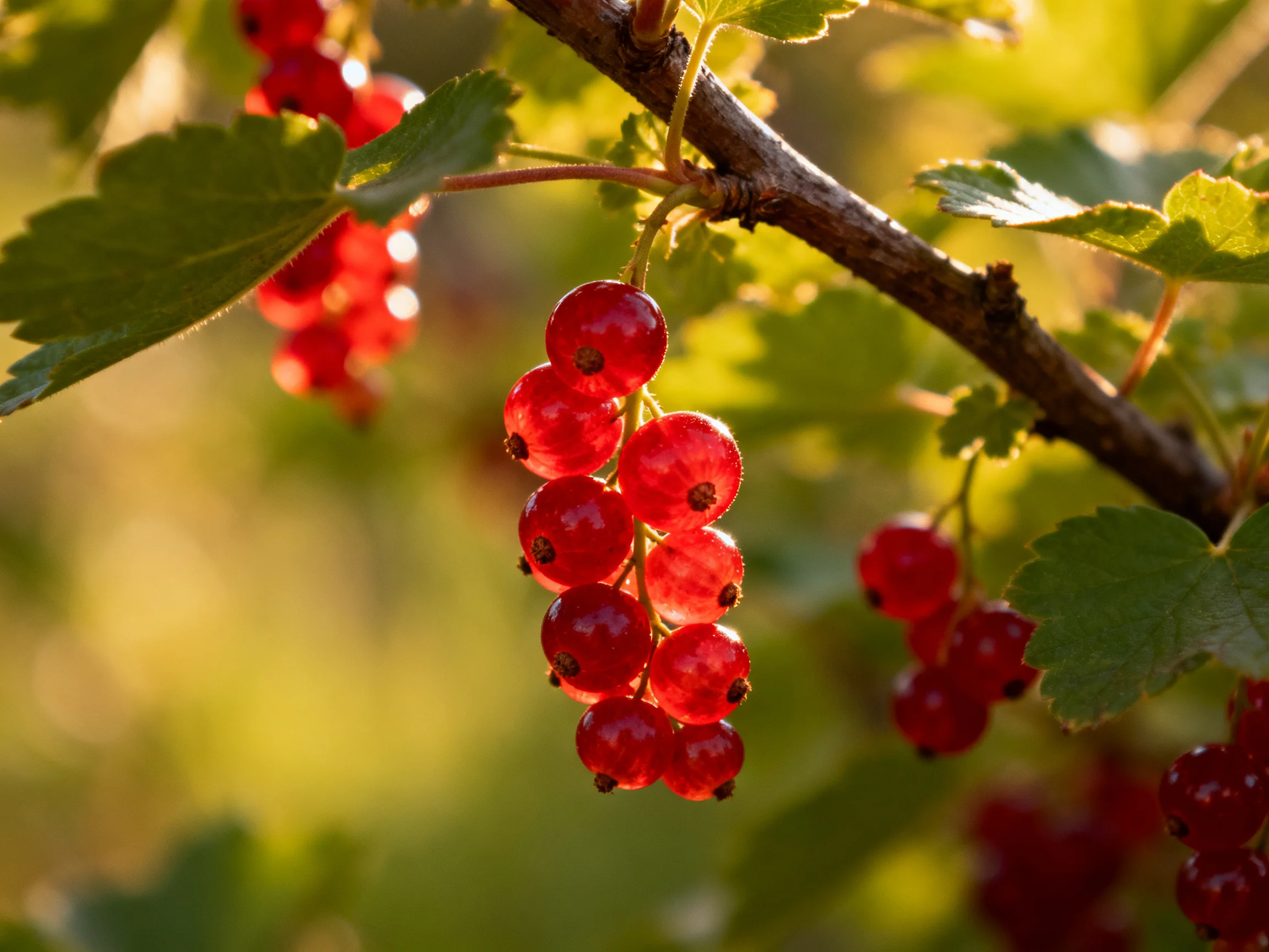 Glistening red currant clusters dangle from branches amid lush green foliage