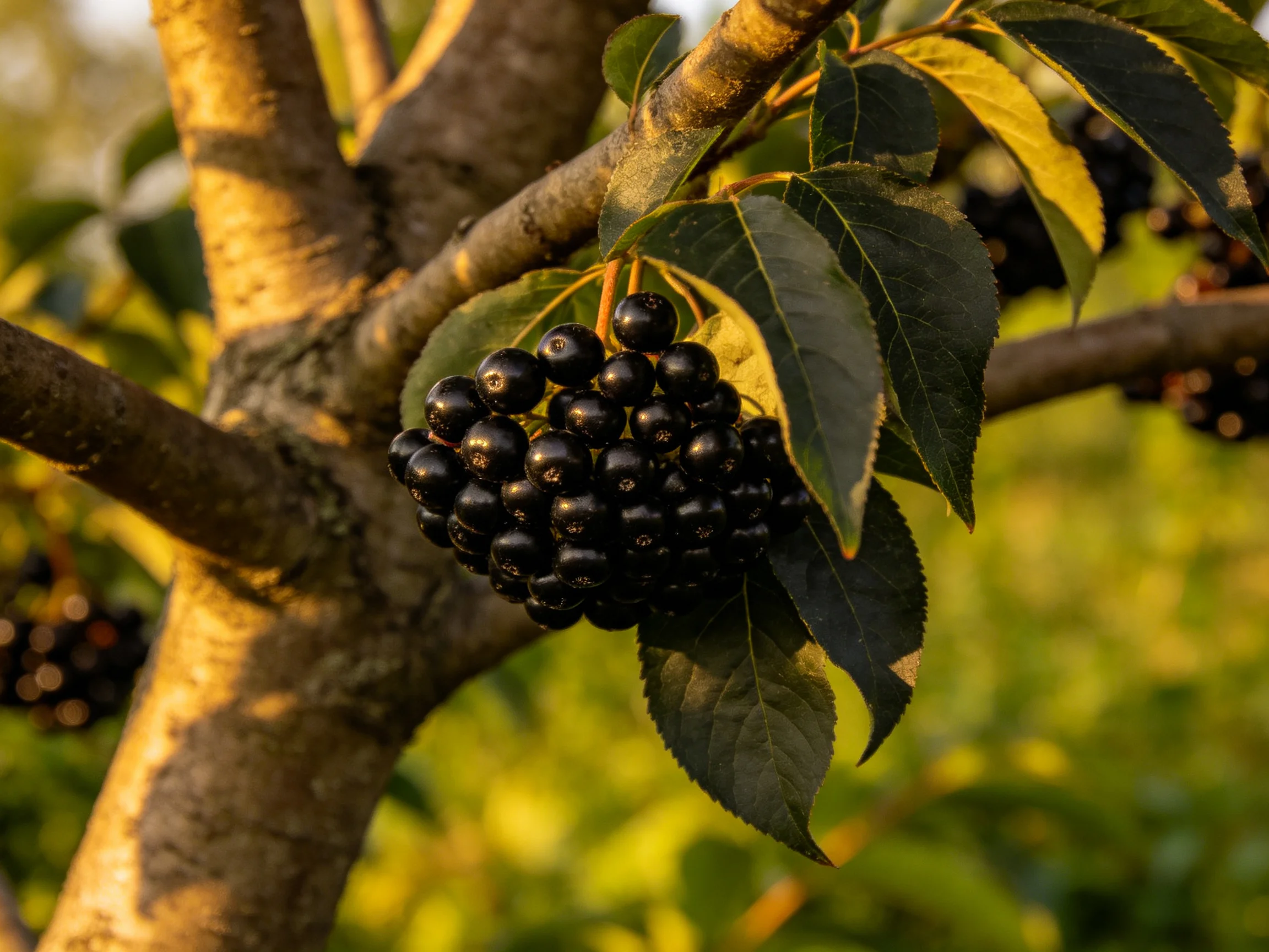 Glossy blackberries cluster on a sunlit tree branch