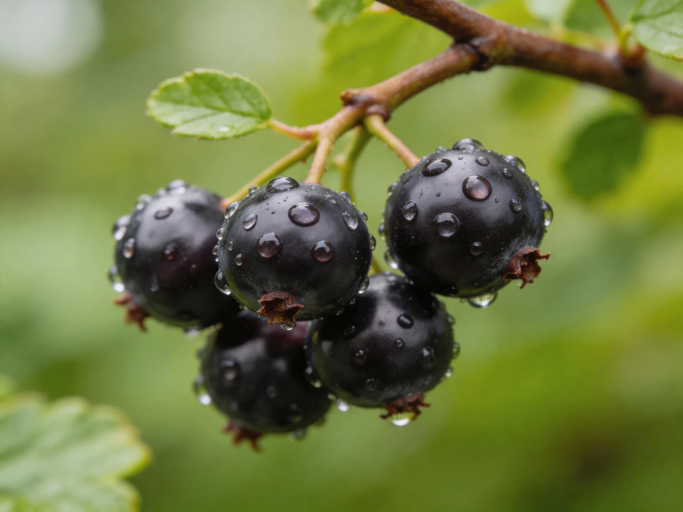 Glossy blackberries with dewdrops clustered on a branch