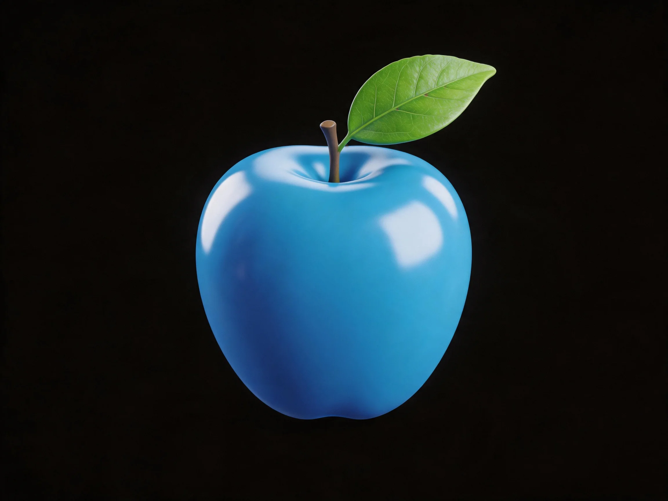 Glossy blue apple with vibrant green leaf on black backdrop