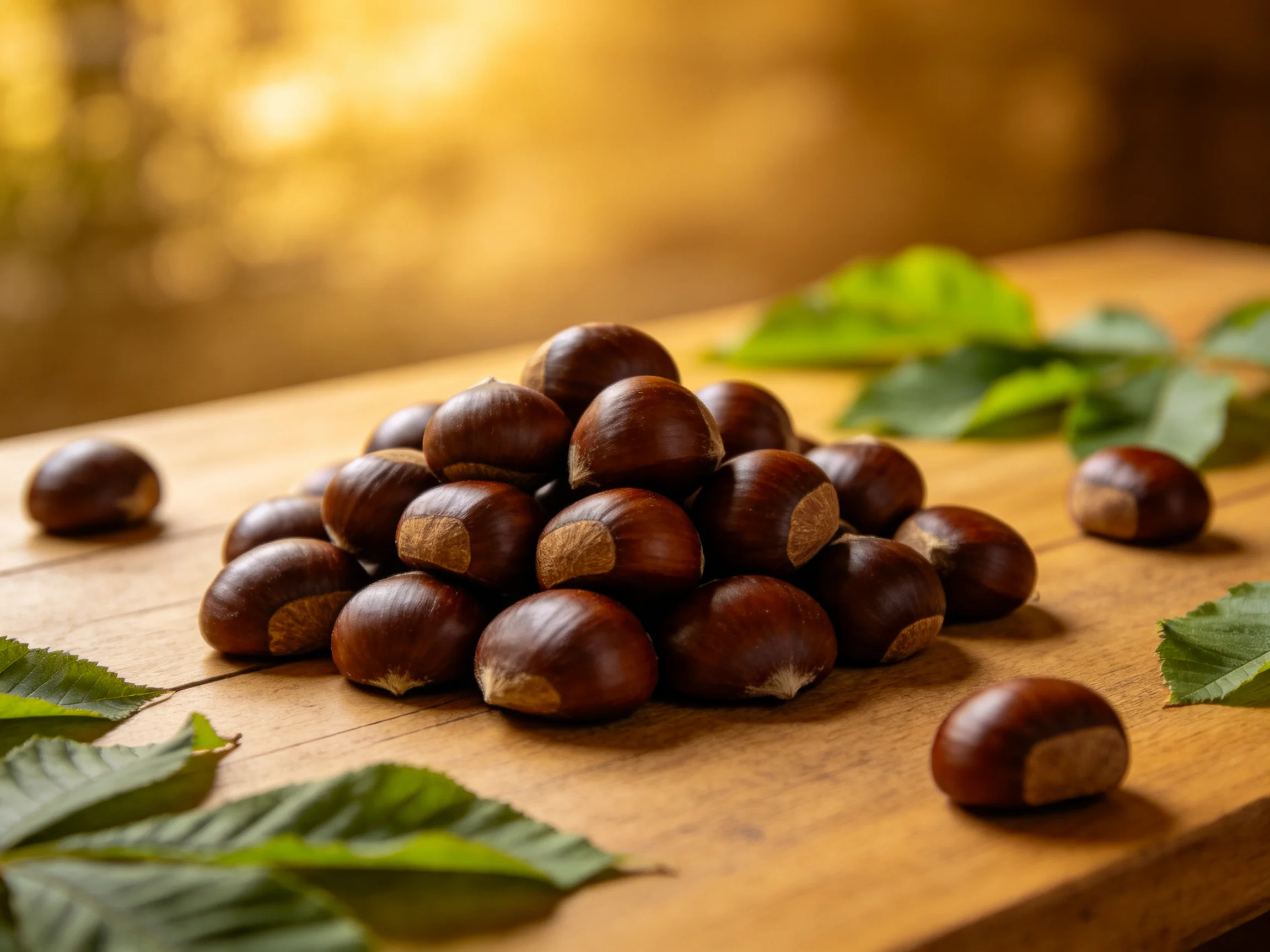 Glossy brown chestnuts piled on a wooden board with green leaves