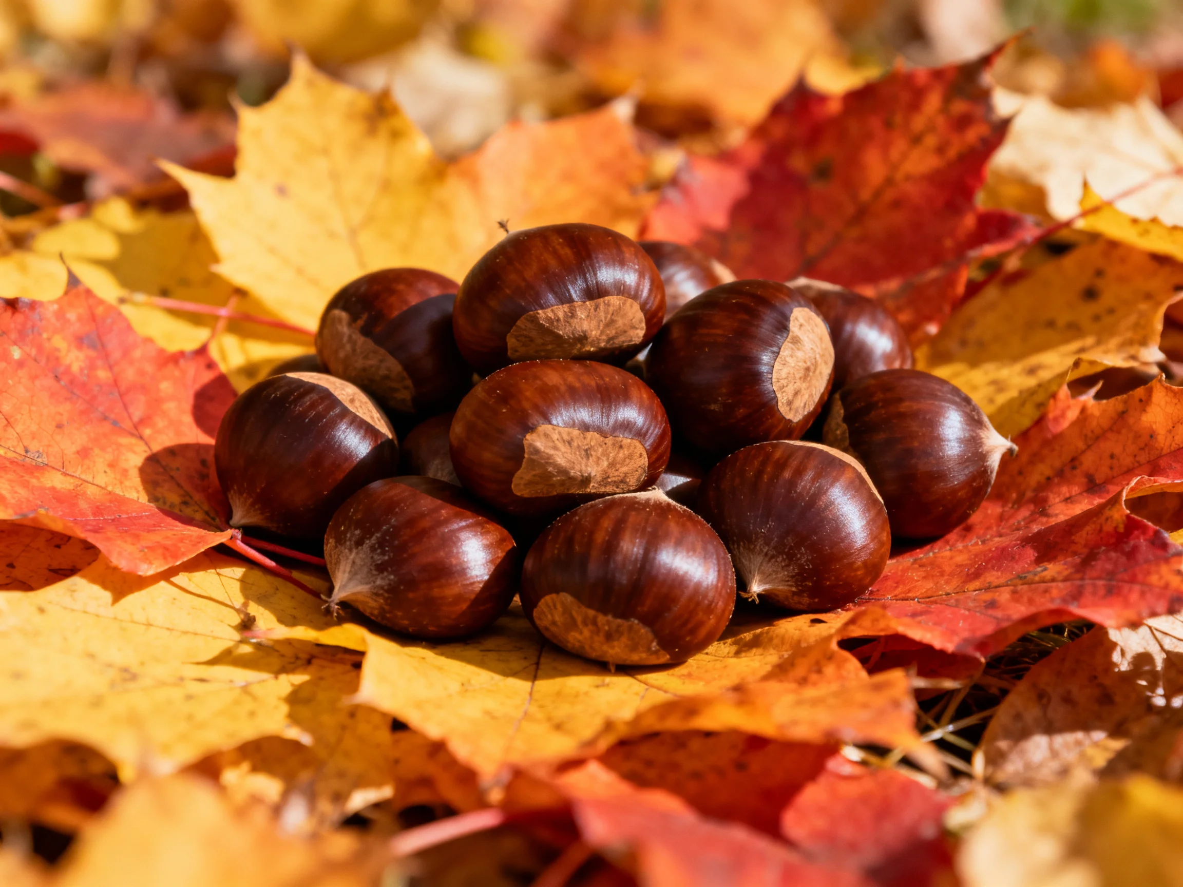 Glossy chestnuts clustered on colorful autumn maple leaves