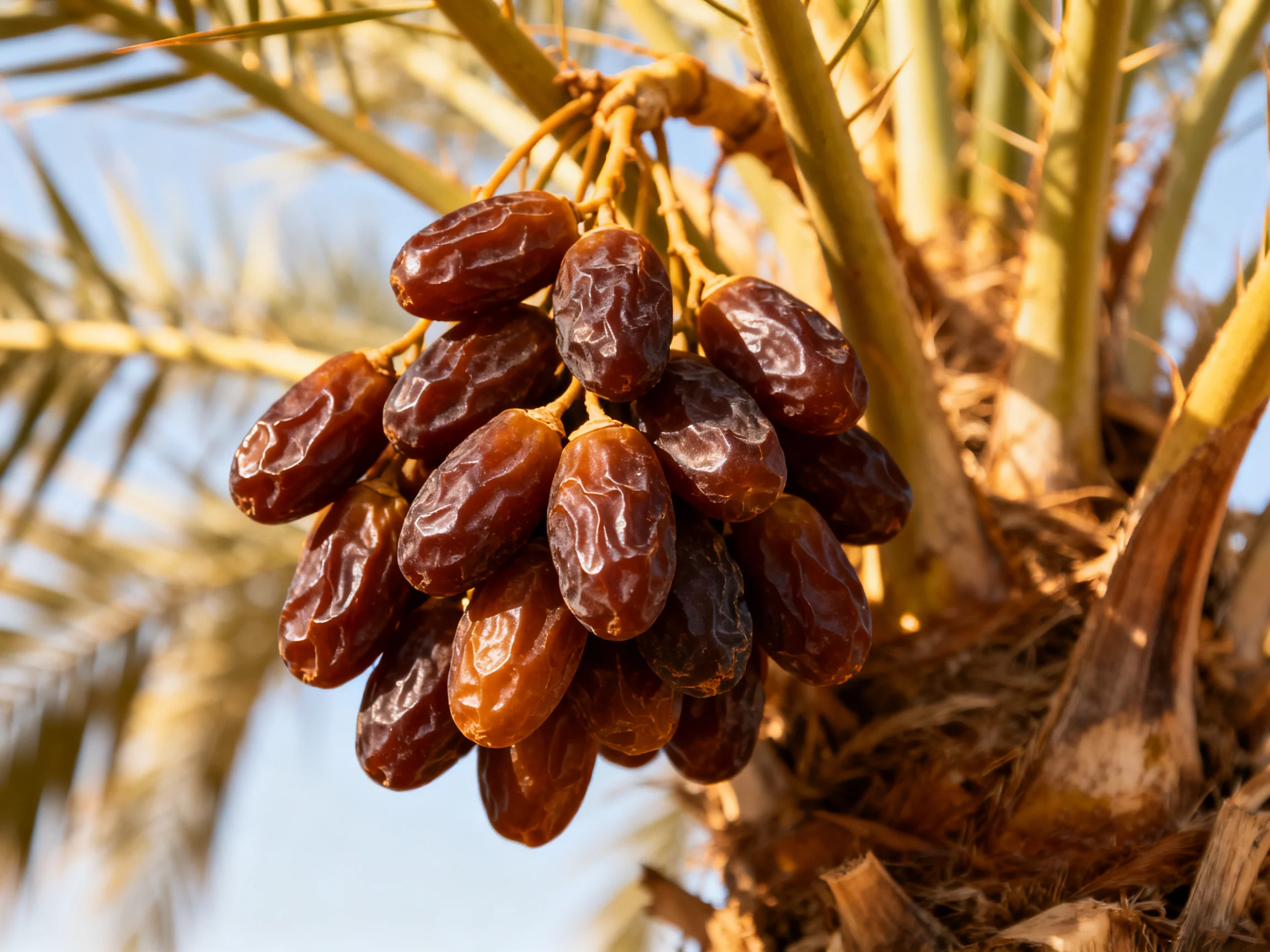Glossy dark brown date cluster on golden palm tree