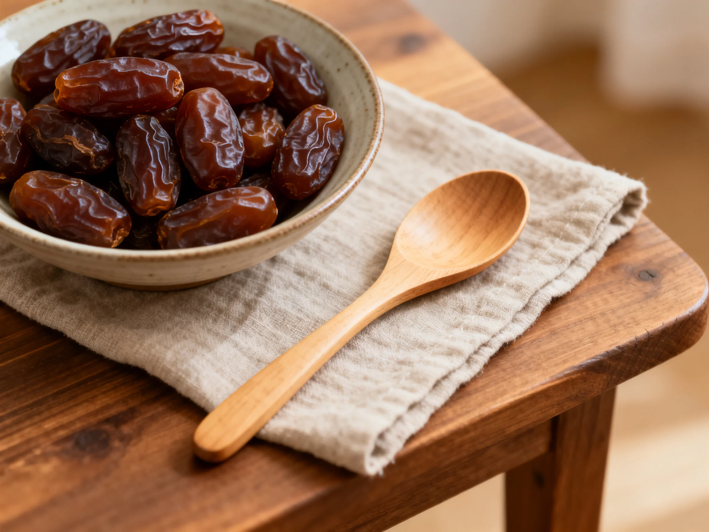Glossy dark dates in a bowl beside a wooden spoon on a cloth