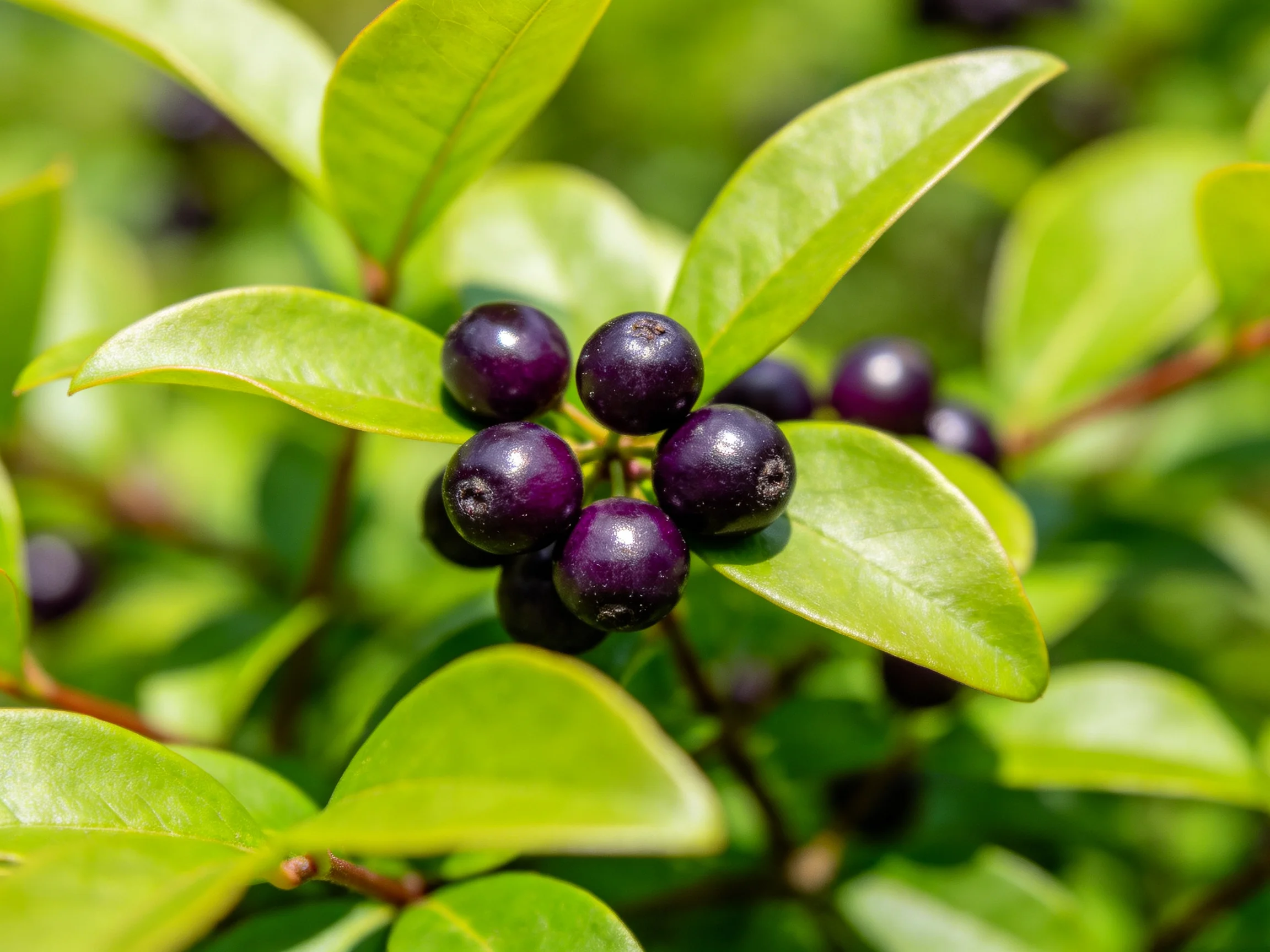 Glossy dark purple berries clustered amid vibrant green foliage