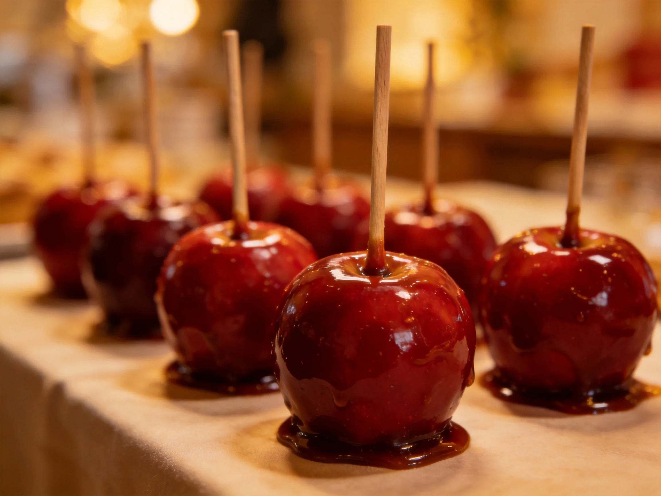 Glossy dark red caramel apples with wooden sticks arranged on a table