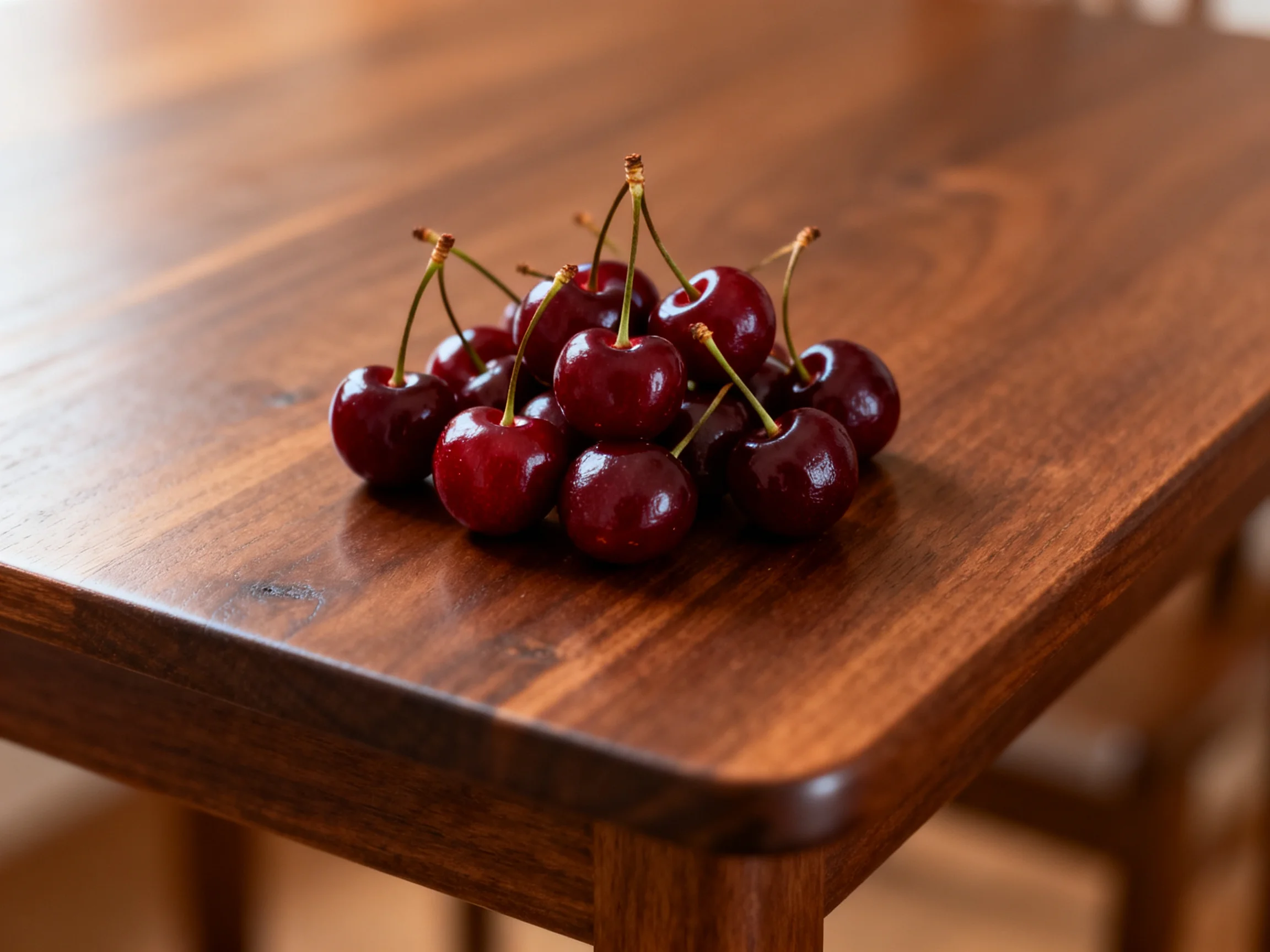 Glossy dark red cherries clustered on a polished wooden table