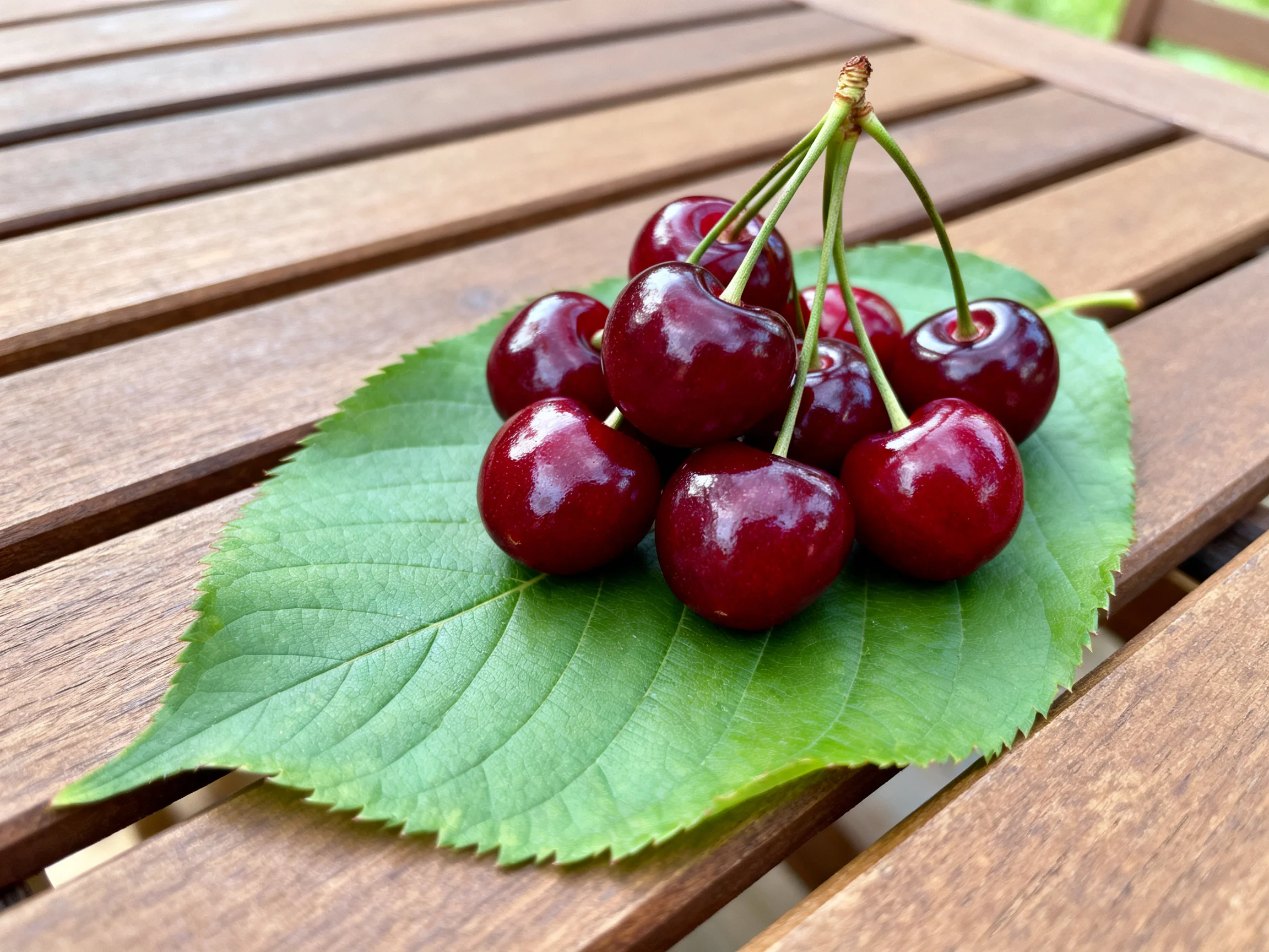 Glossy red cherries clustered on a large green leaf atop a wooden bench