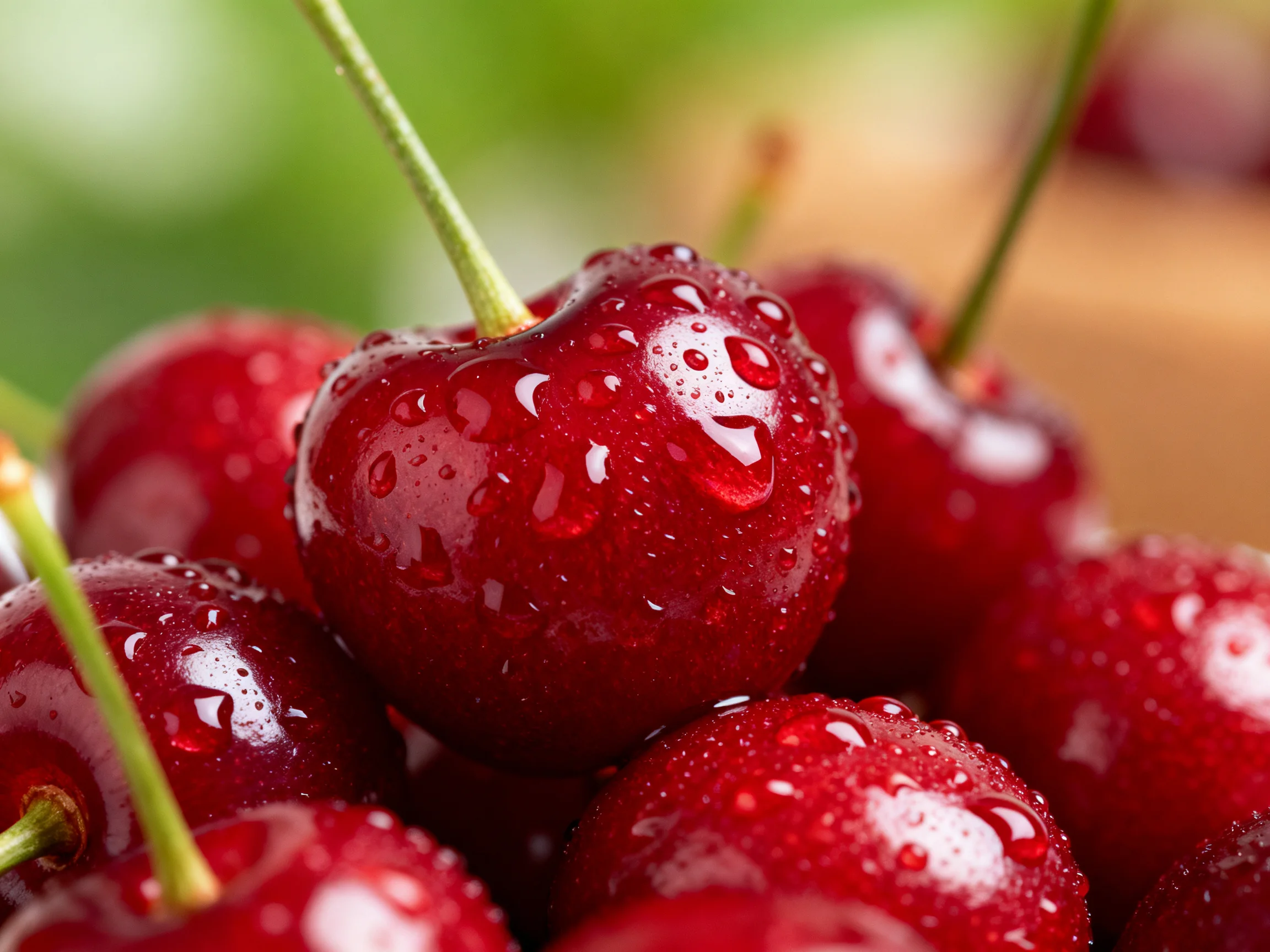 Glossy red cherries with water droplets