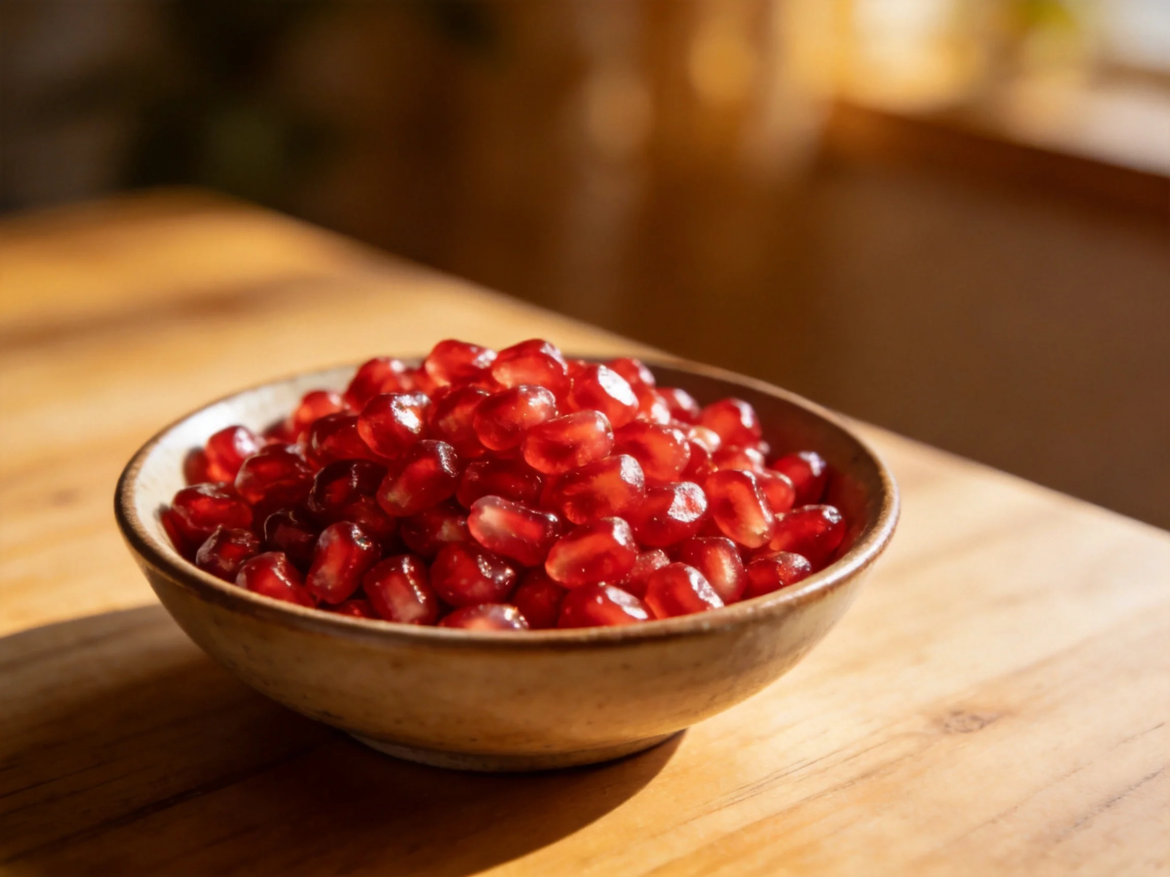 Glossy red pomegranate seeds fill a ceramic bowl