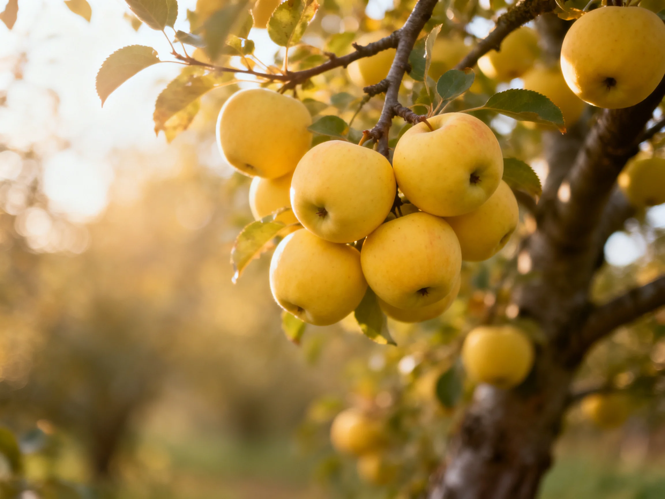 Golden Apples Clustered on a Sunlit Orchard Tree
