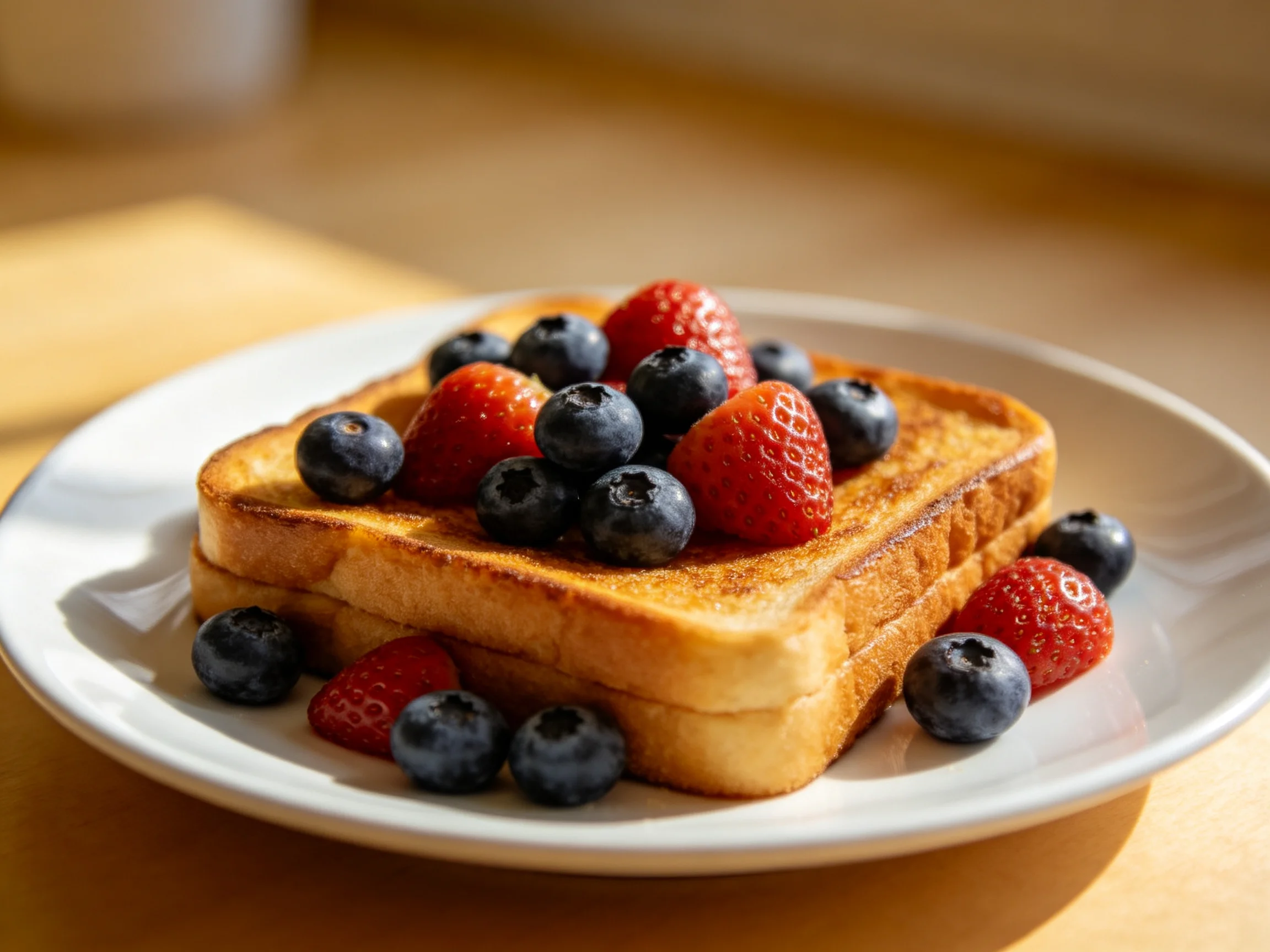 Golden French Toast Topped with Fresh Strawberries and Blueberries