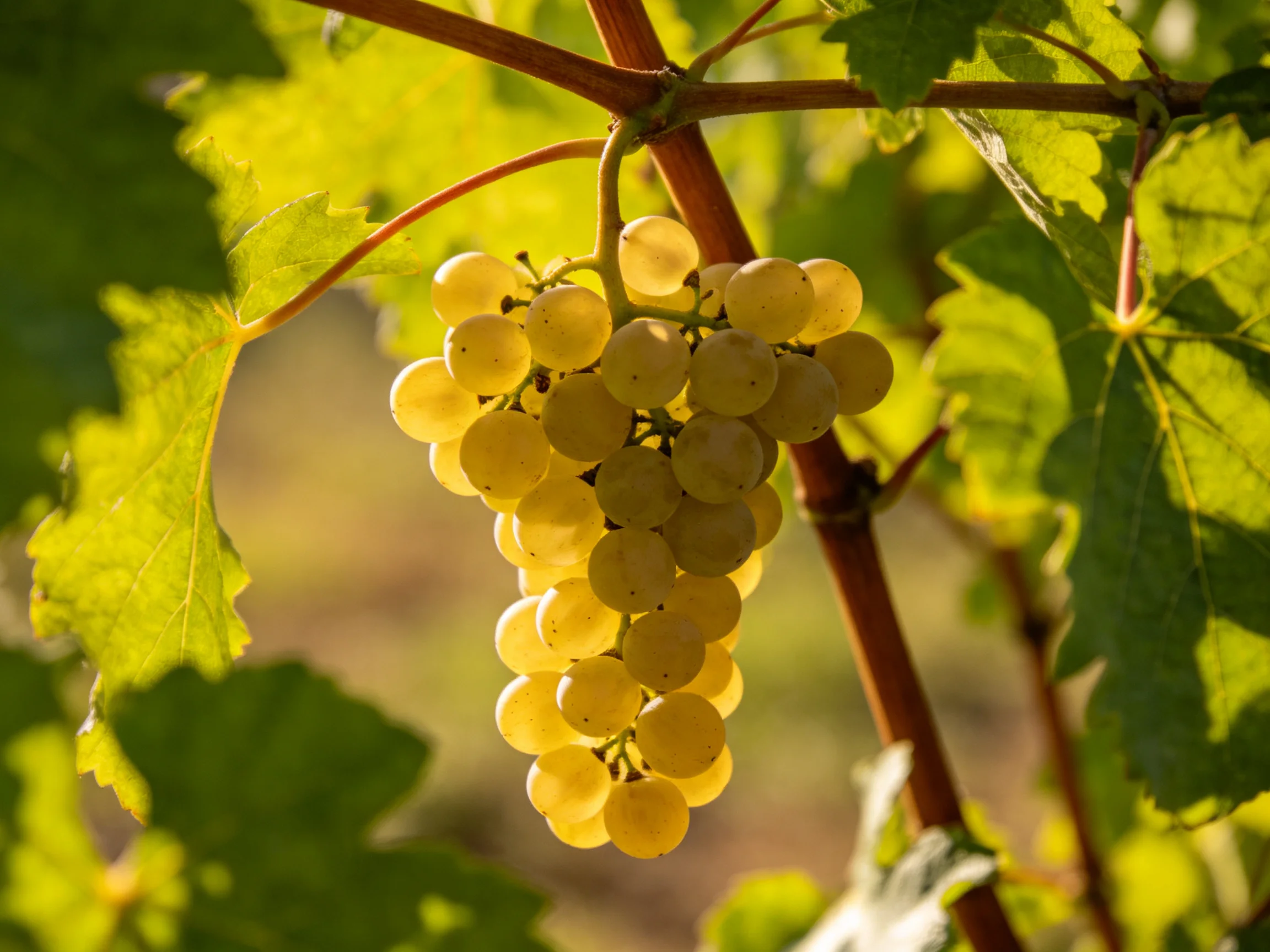 Golden Grapes Cluster Among Green Vine Leaves