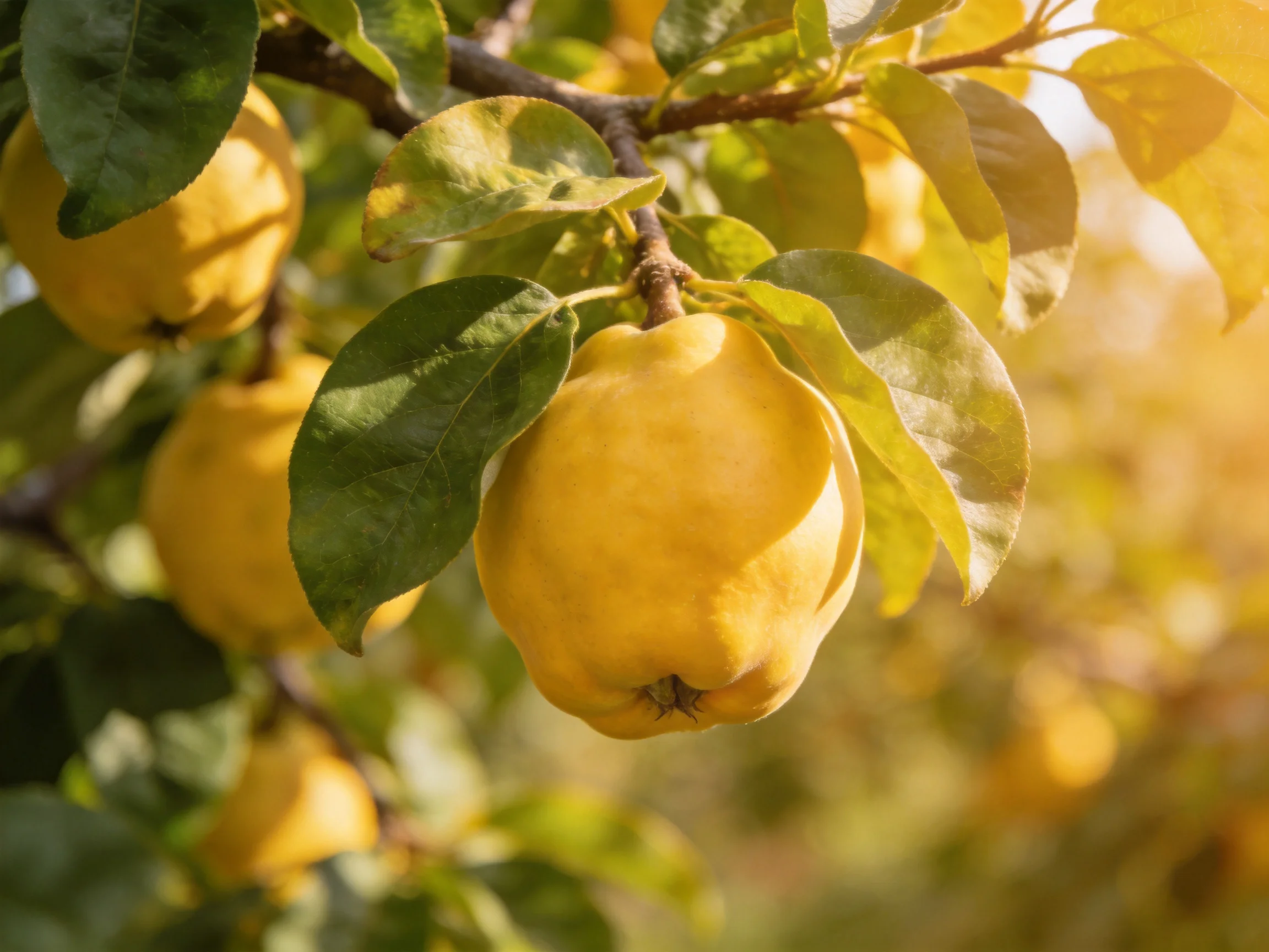 Golden Quinces Hang from Branches Amid Sunlit Green Leaves