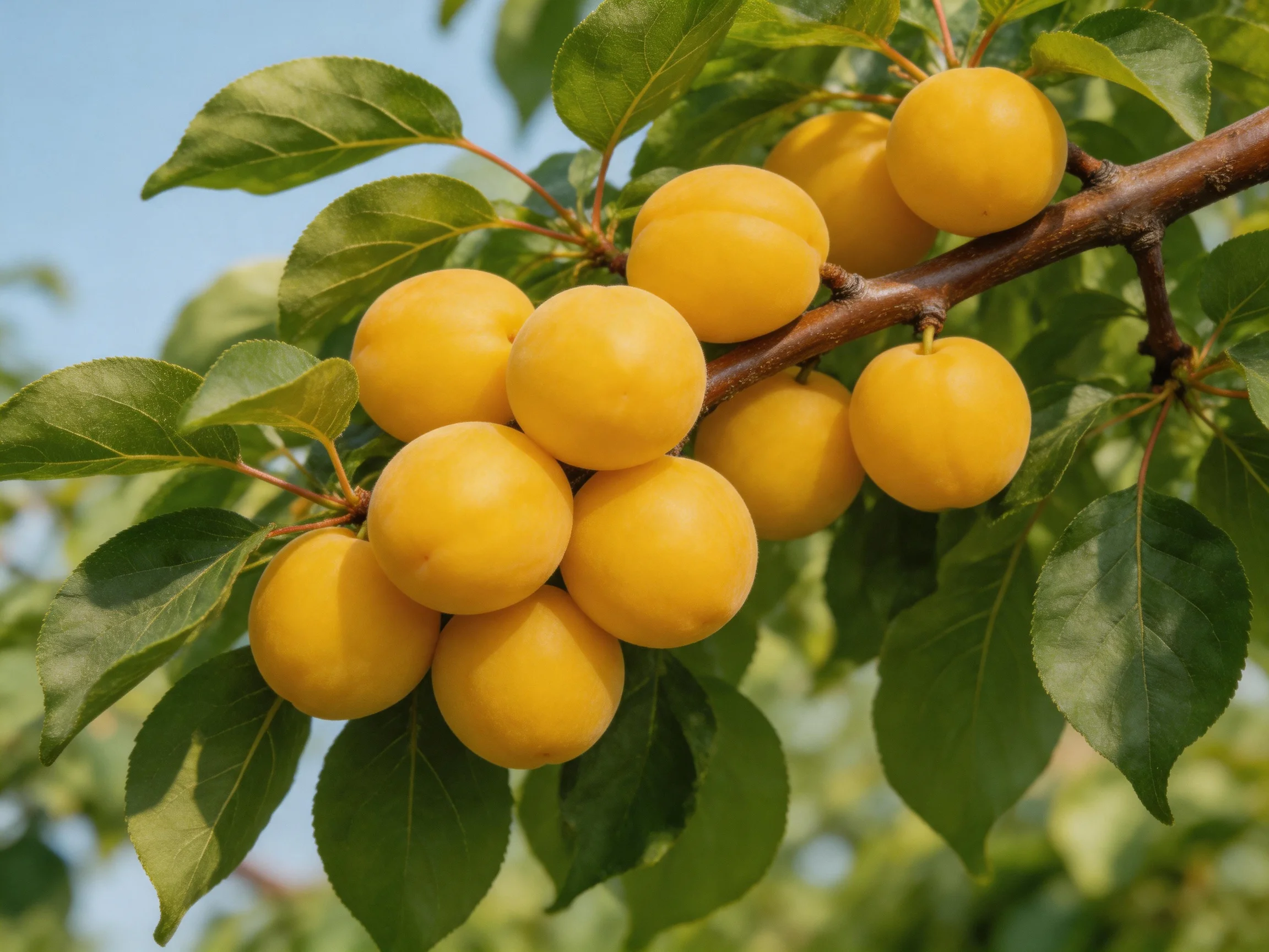 Golden apricots cluster densely on a tree branch with green leaves