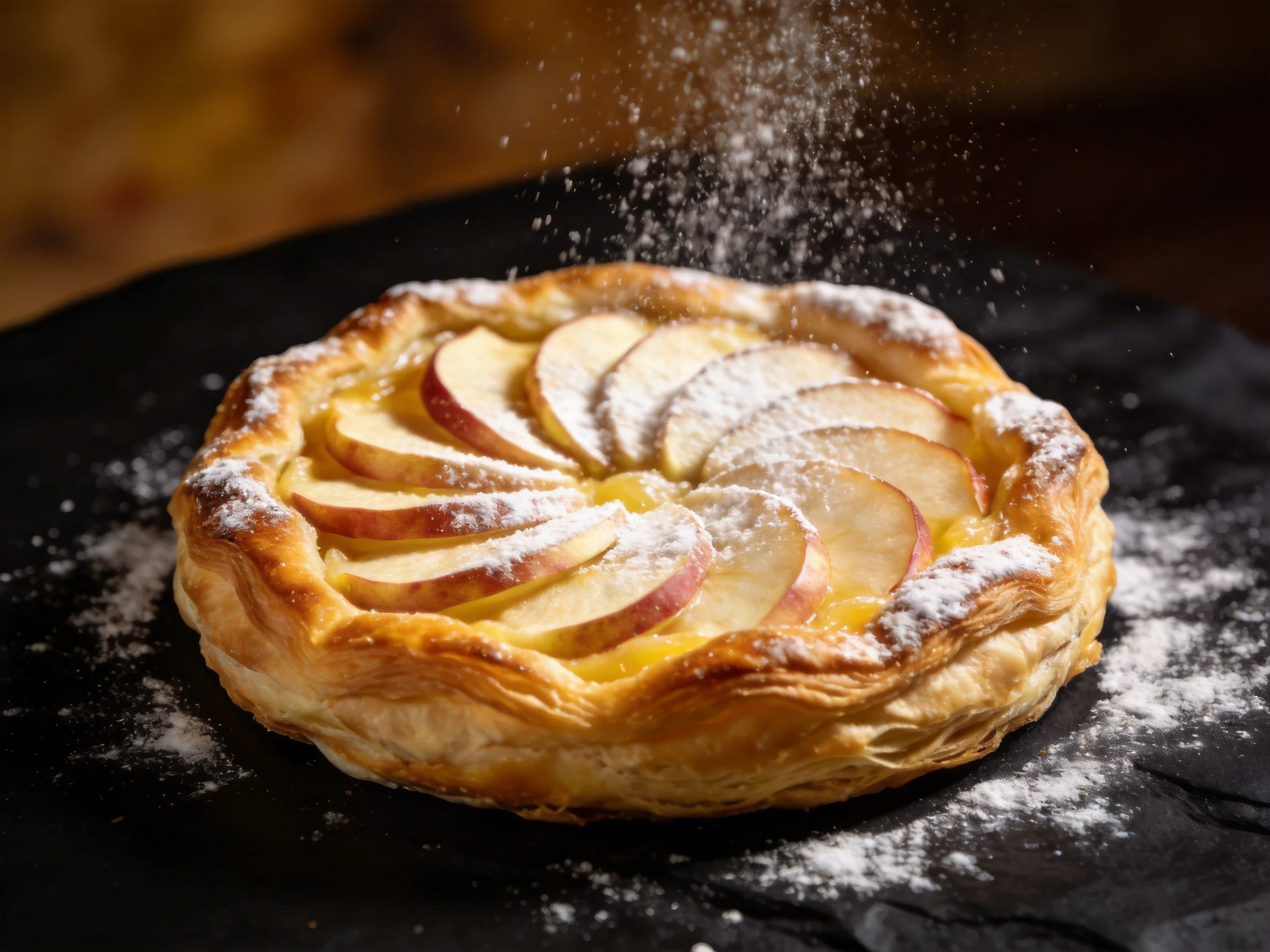 Golden-brown apple tart dusted with powdered sugar