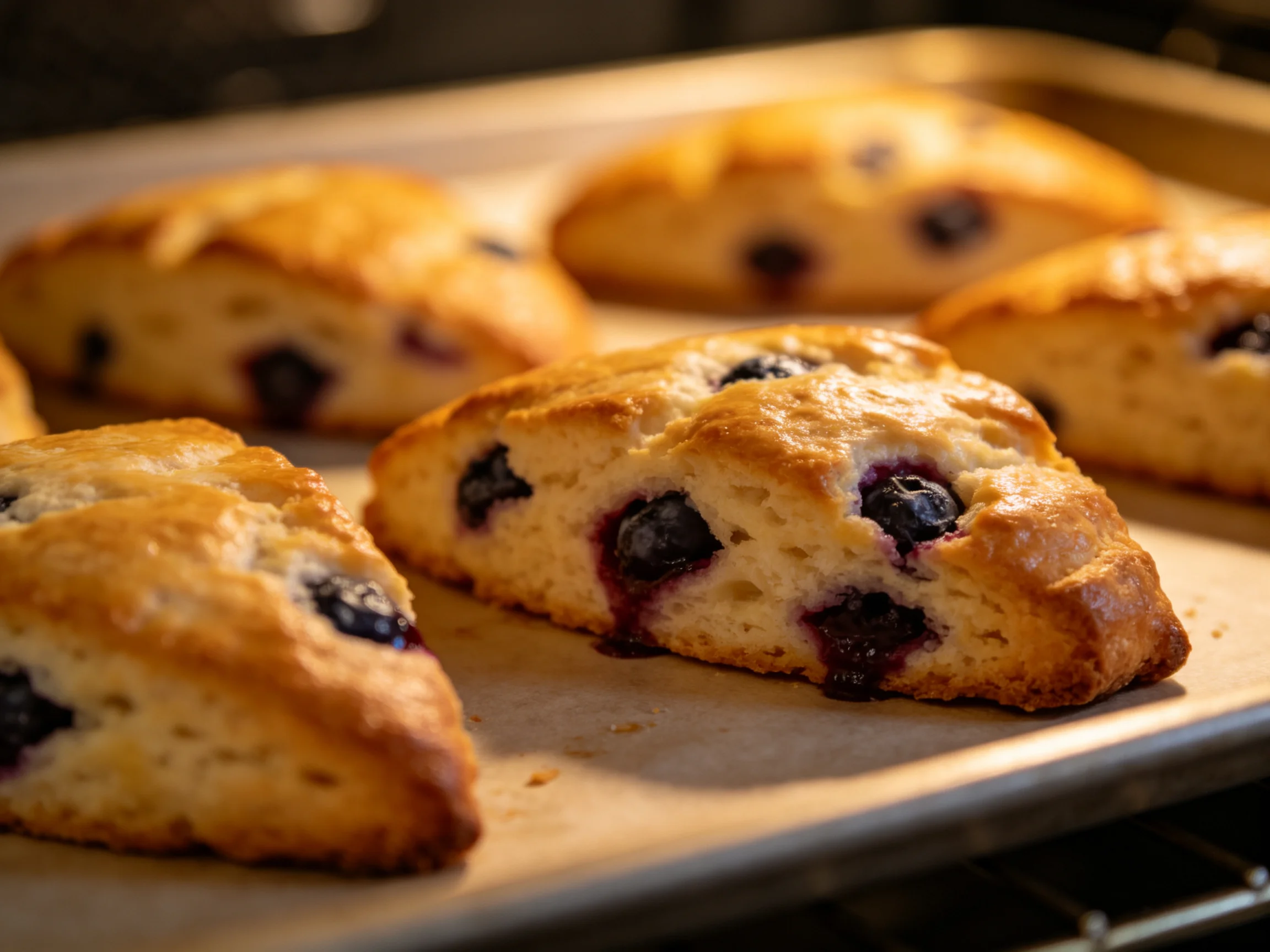 Golden-brown blueberry scones arranged on a baking tray