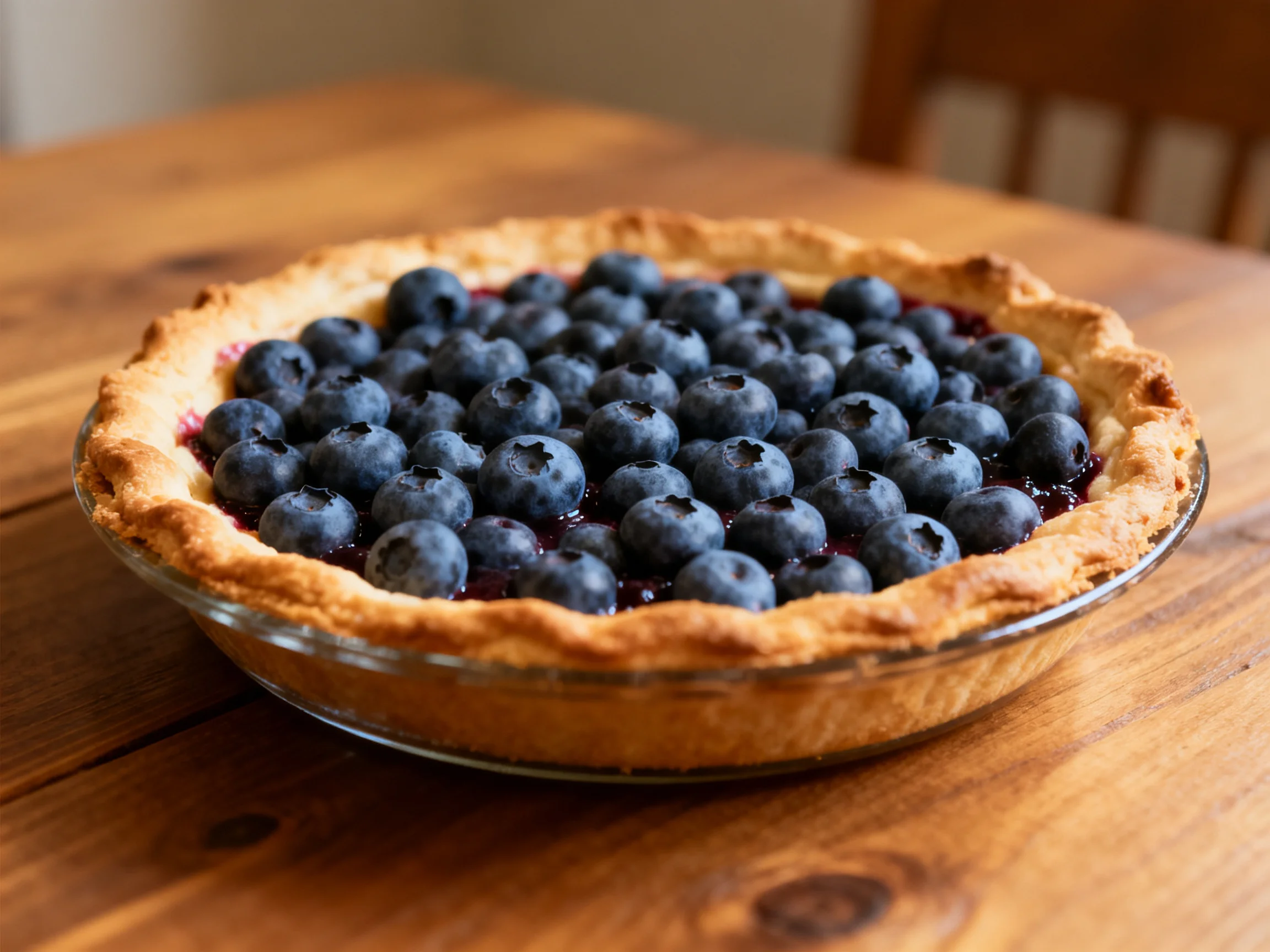 Golden-brown crust holds abundant blueberries on a wooden table