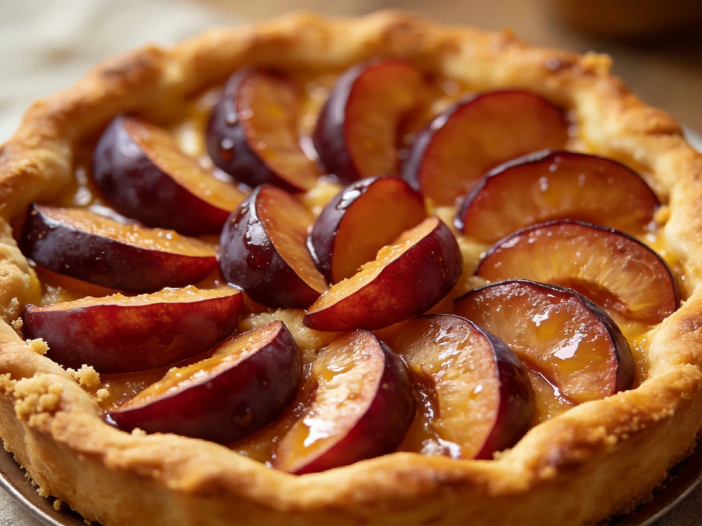 Golden-brown crust plum tart with glossy plum slices
