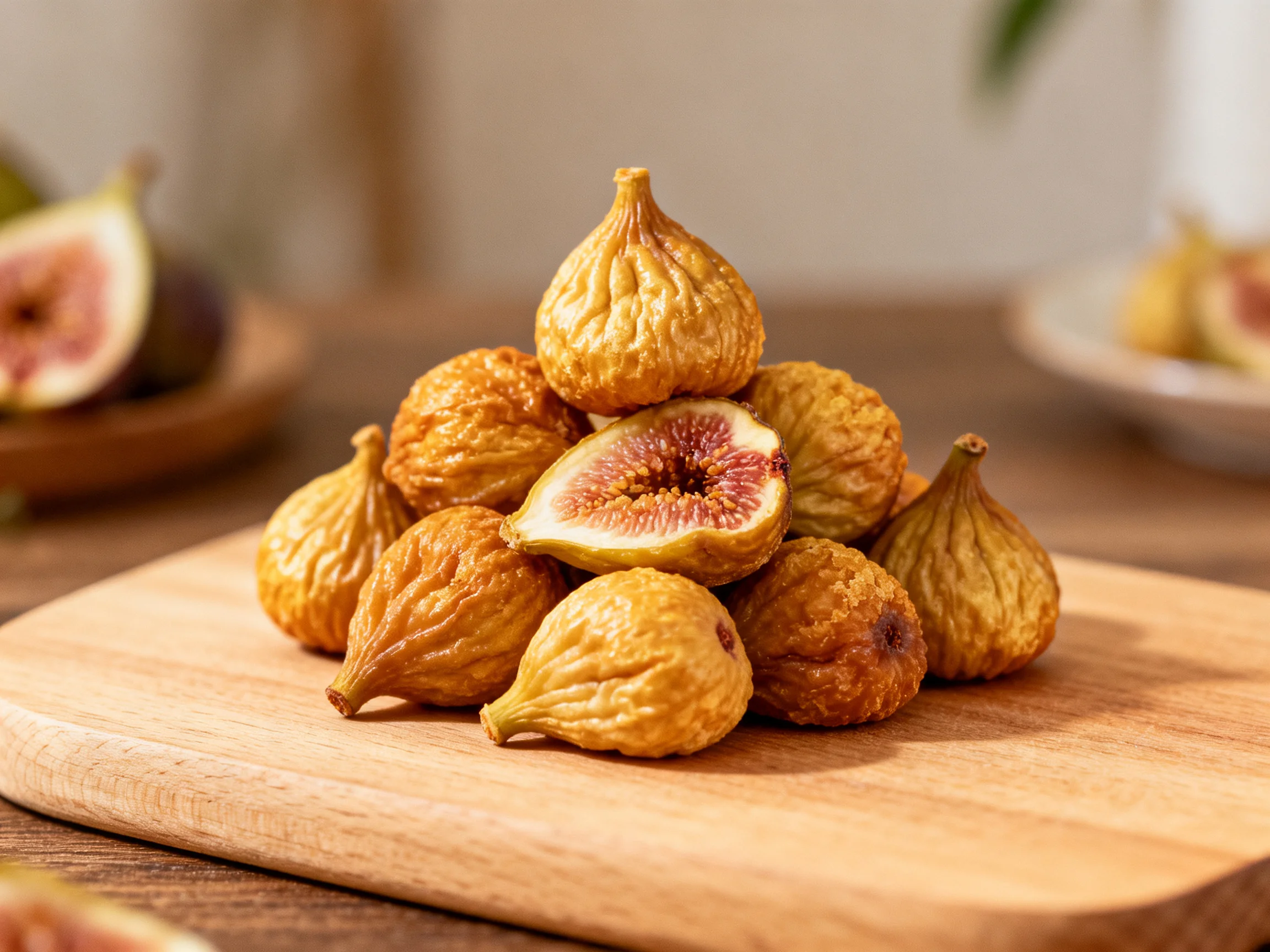 Golden-brown dried figs piled high on a wooden cutting board