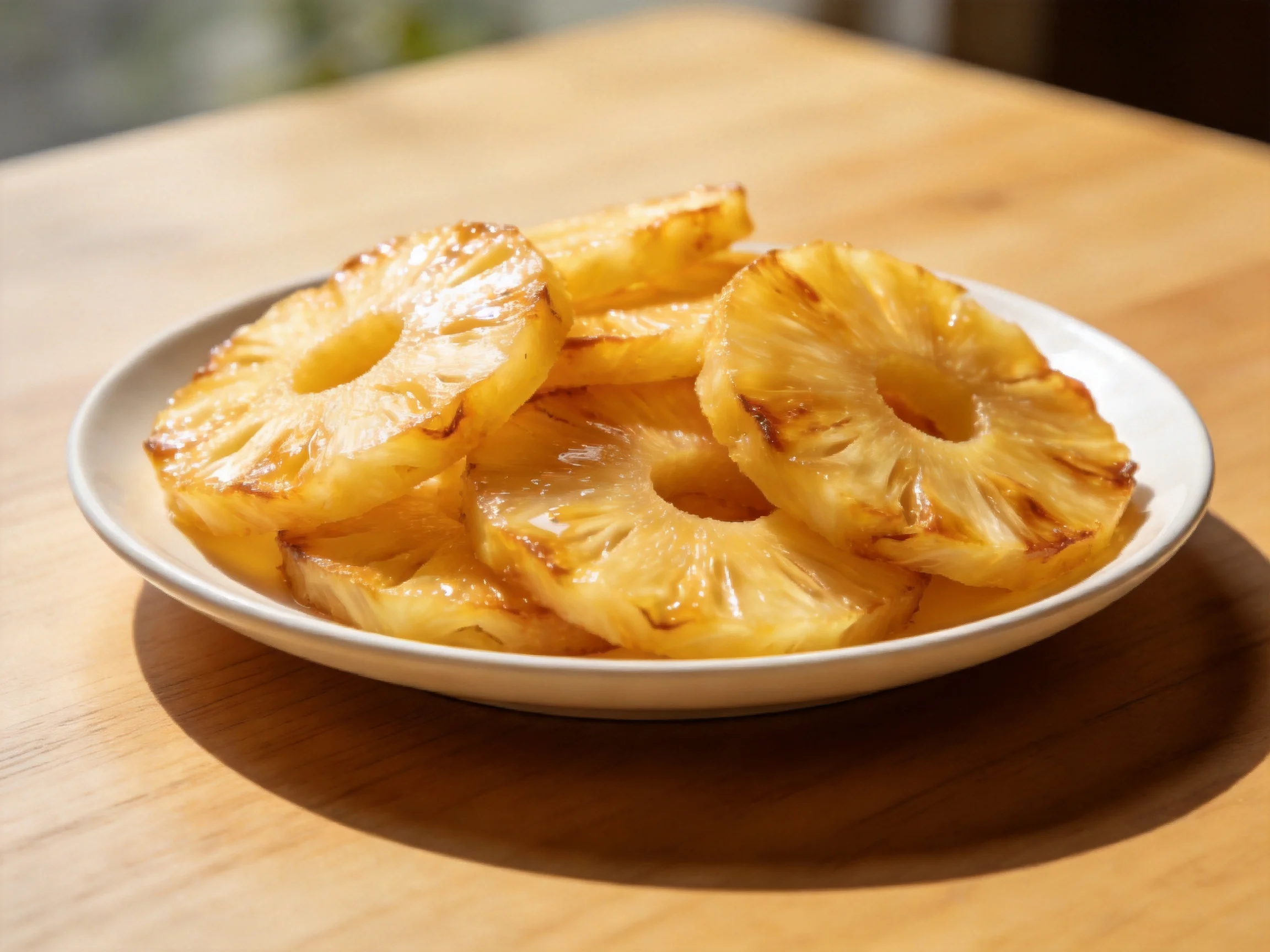 Golden-brown grilled pineapple slices served in a white dish