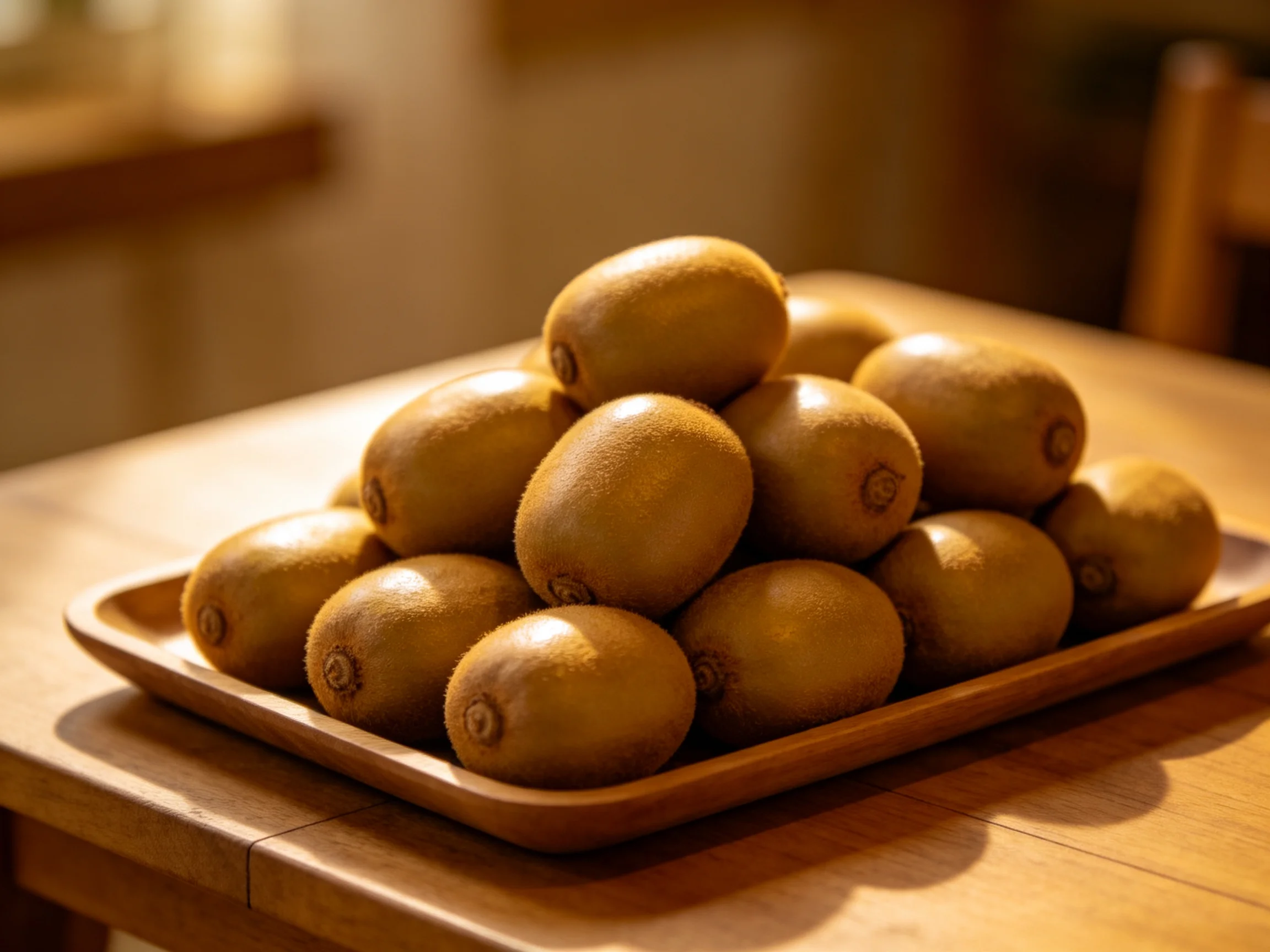 Golden-brown kiwis piled high on a wooden tray