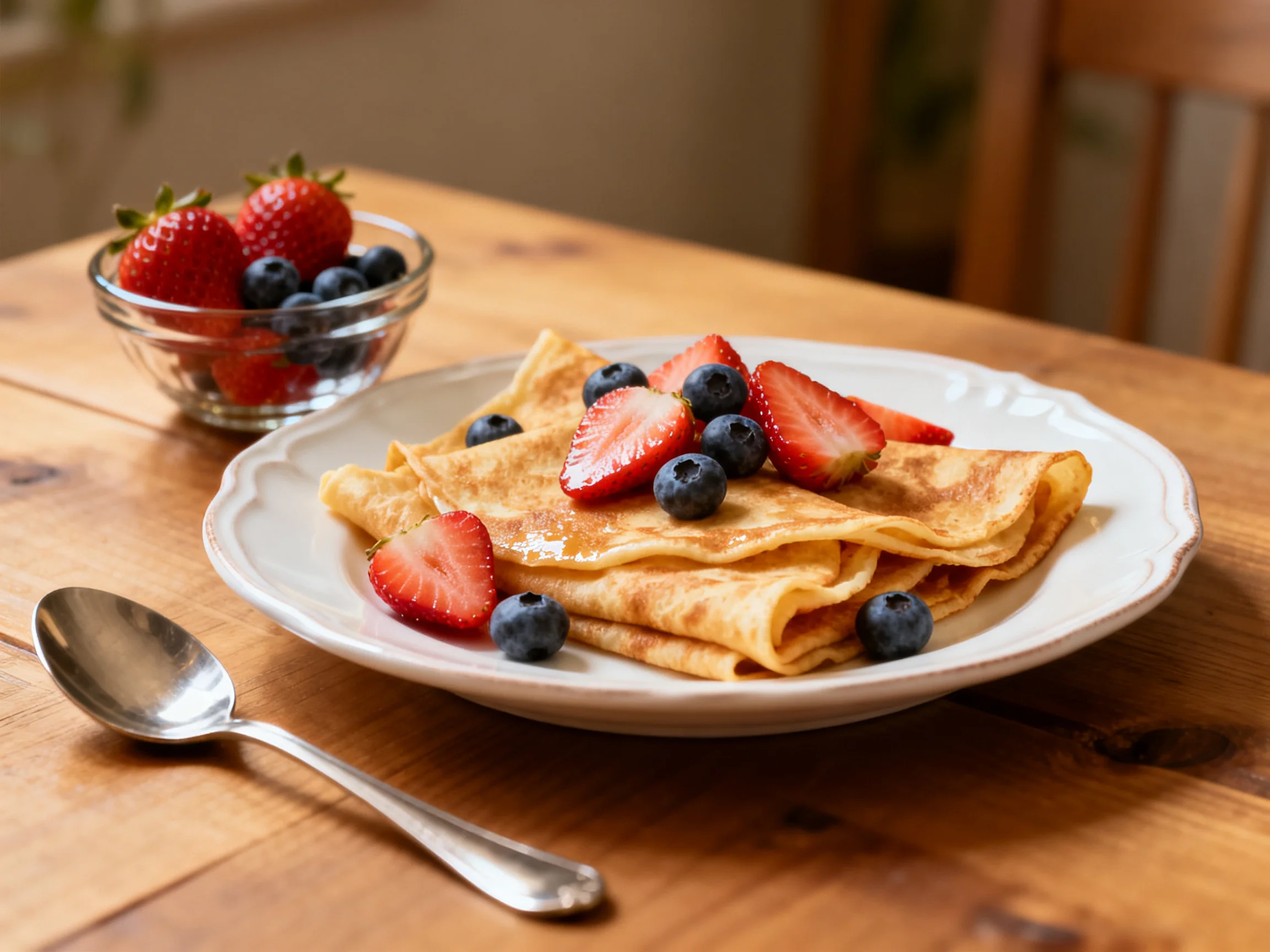Golden crepes topped with fresh strawberries and blueberries on a wooden table
