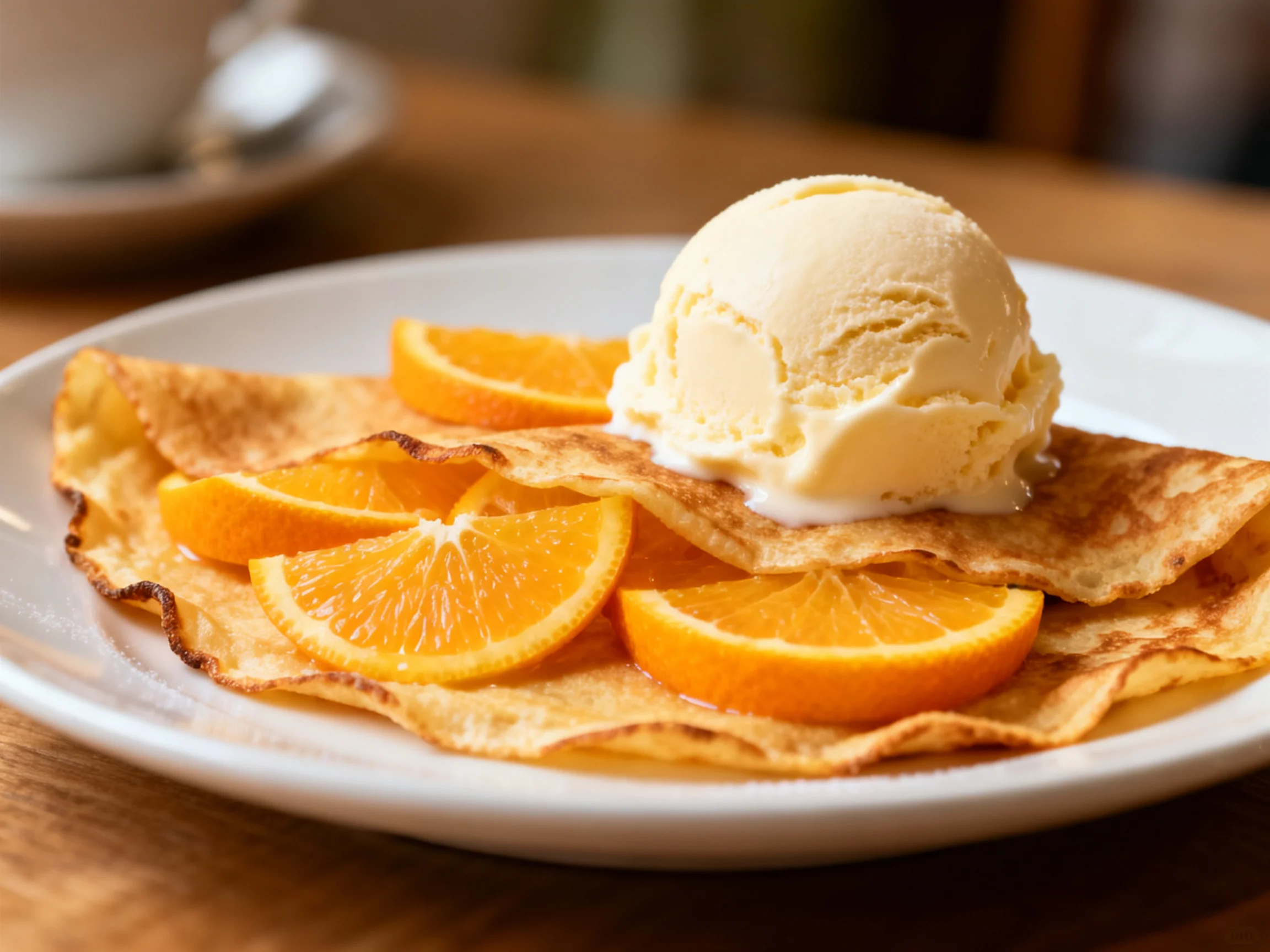 Golden crepes with orange slices and vanilla ice cream