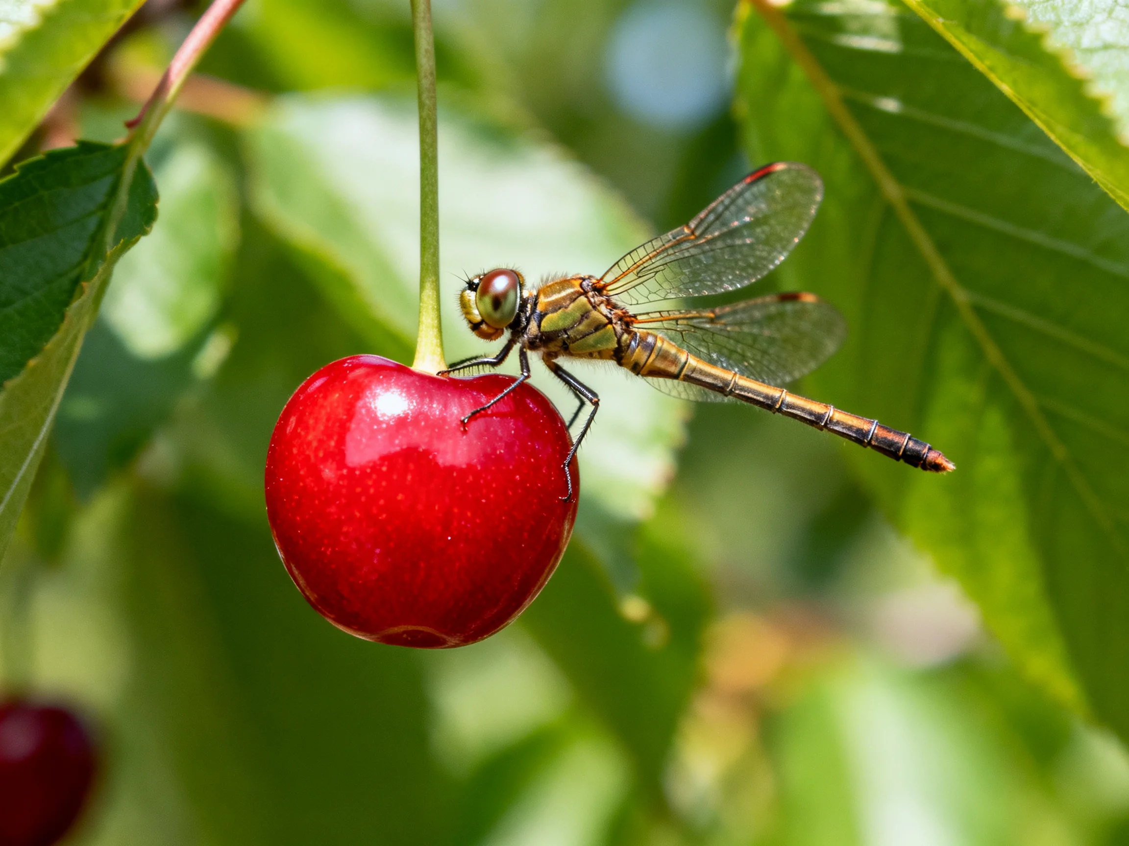 Golden dragonfly perched on vibrant red cherry among green leaves
